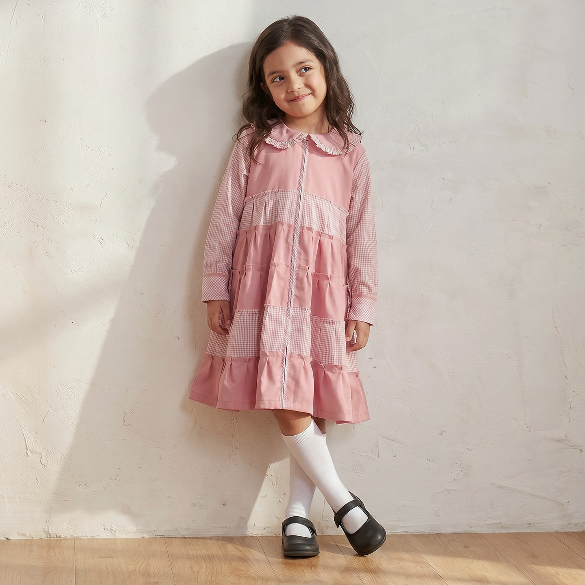 Juniors Pink School Dress with Long Sleeves - Girls-girls-clothing-schoolwear-dresses-image-5