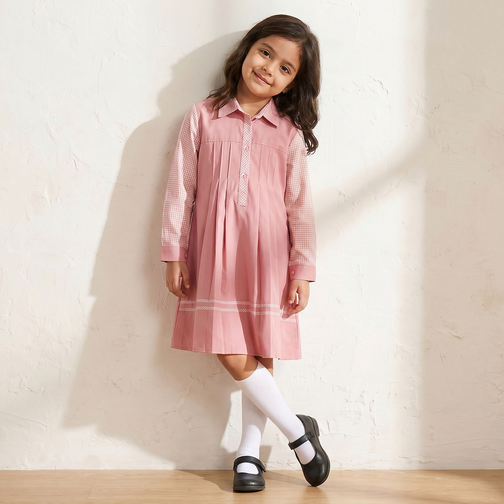 فستان مدرسي وردي بأكمام طويلة للبنات من جونيورز-girls-clothing-schoolwear-dresses-image-1