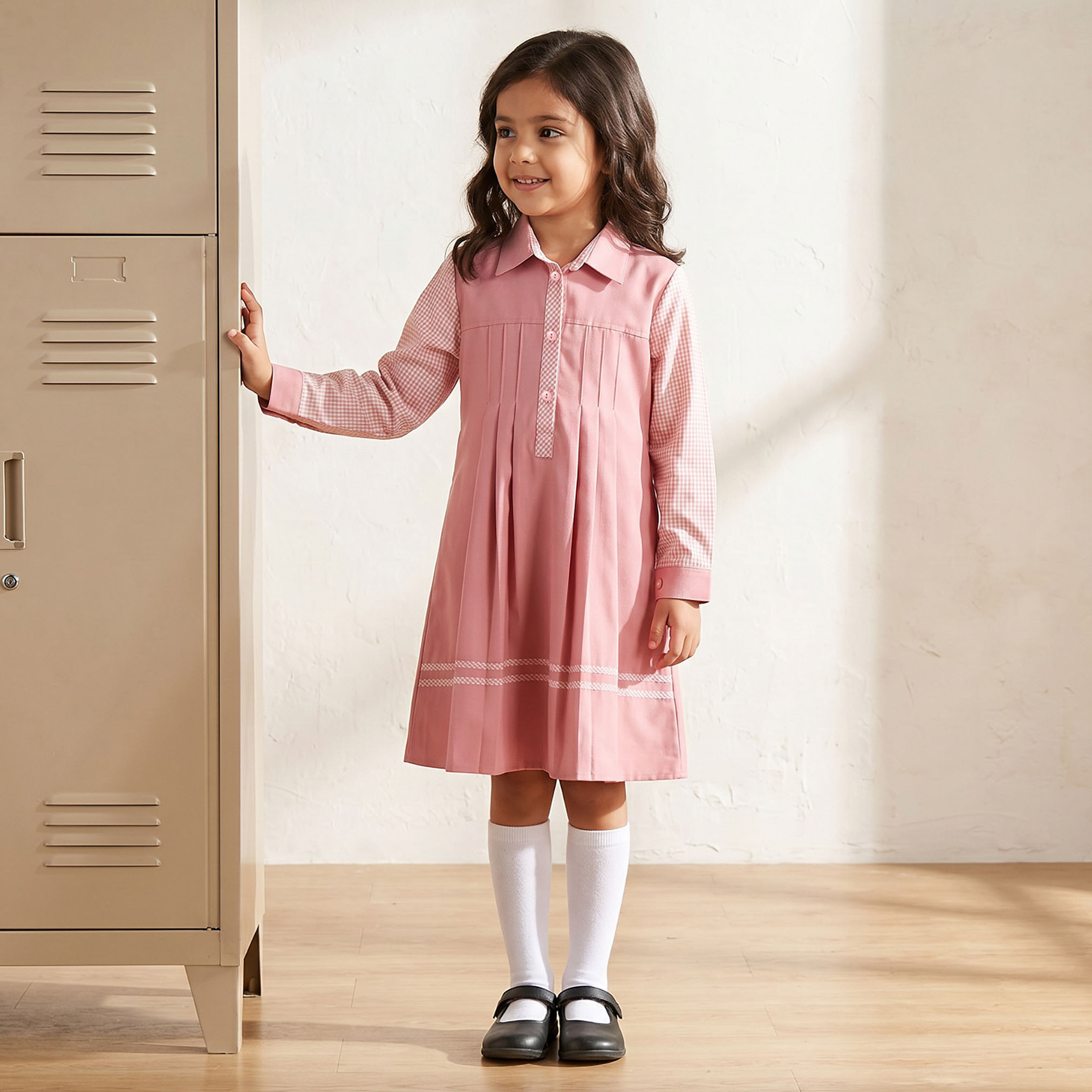 فستان مدرسي وردي بأكمام طويلة للبنات من جونيورز-girls-clothing-schoolwear-dresses-image-2