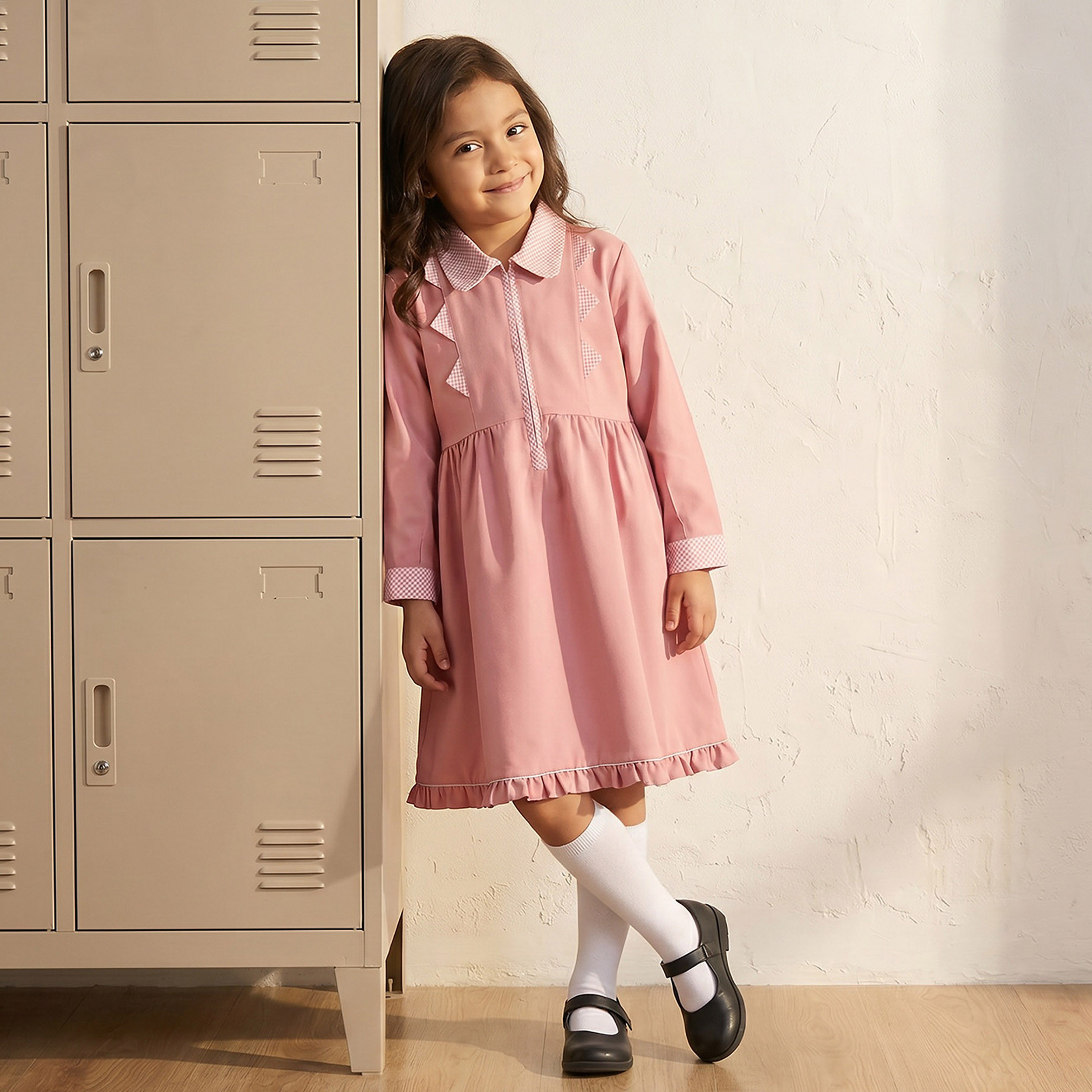 فستان مدرسي وردي بأكمام طويلة للبنات من جونيورز-girls-clothing-schoolwear-dresses-image-1