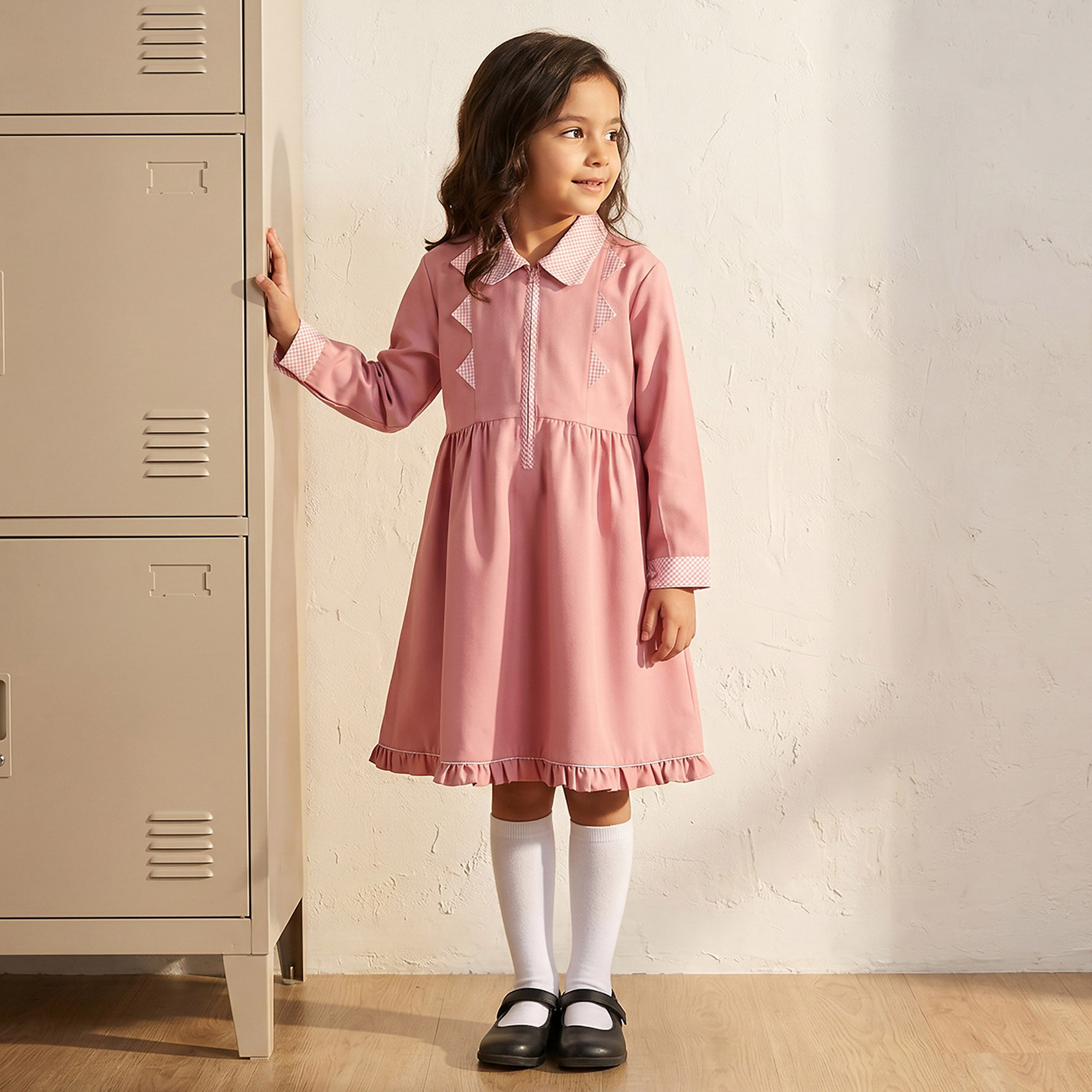 فستان مدرسي وردي بأكمام طويلة للبنات من جونيورز-girls-clothing-schoolwear-dresses-image-4