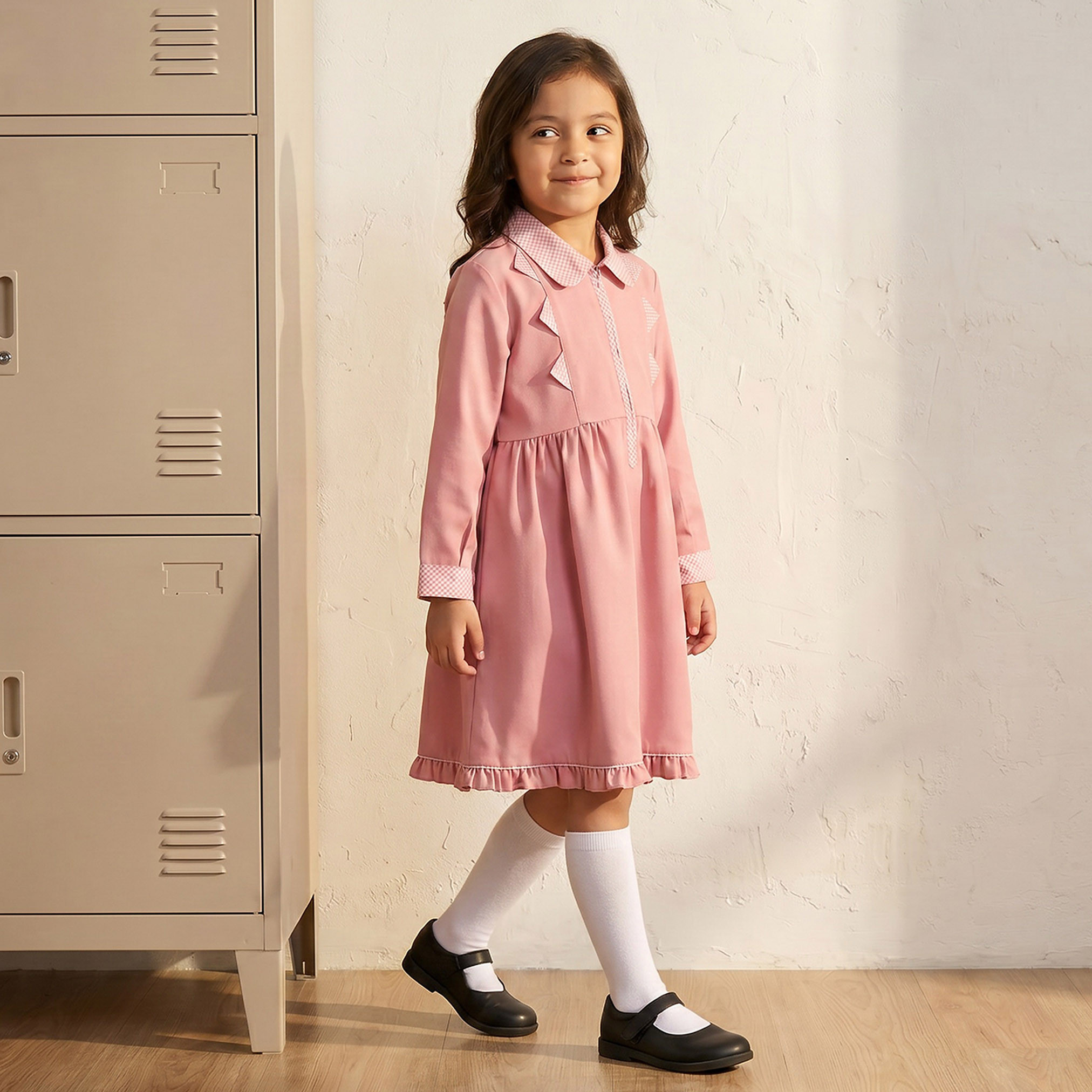 فستان مدرسي وردي بأكمام طويلة للبنات من جونيورز-girls-clothing-schoolwear-dresses-image-6