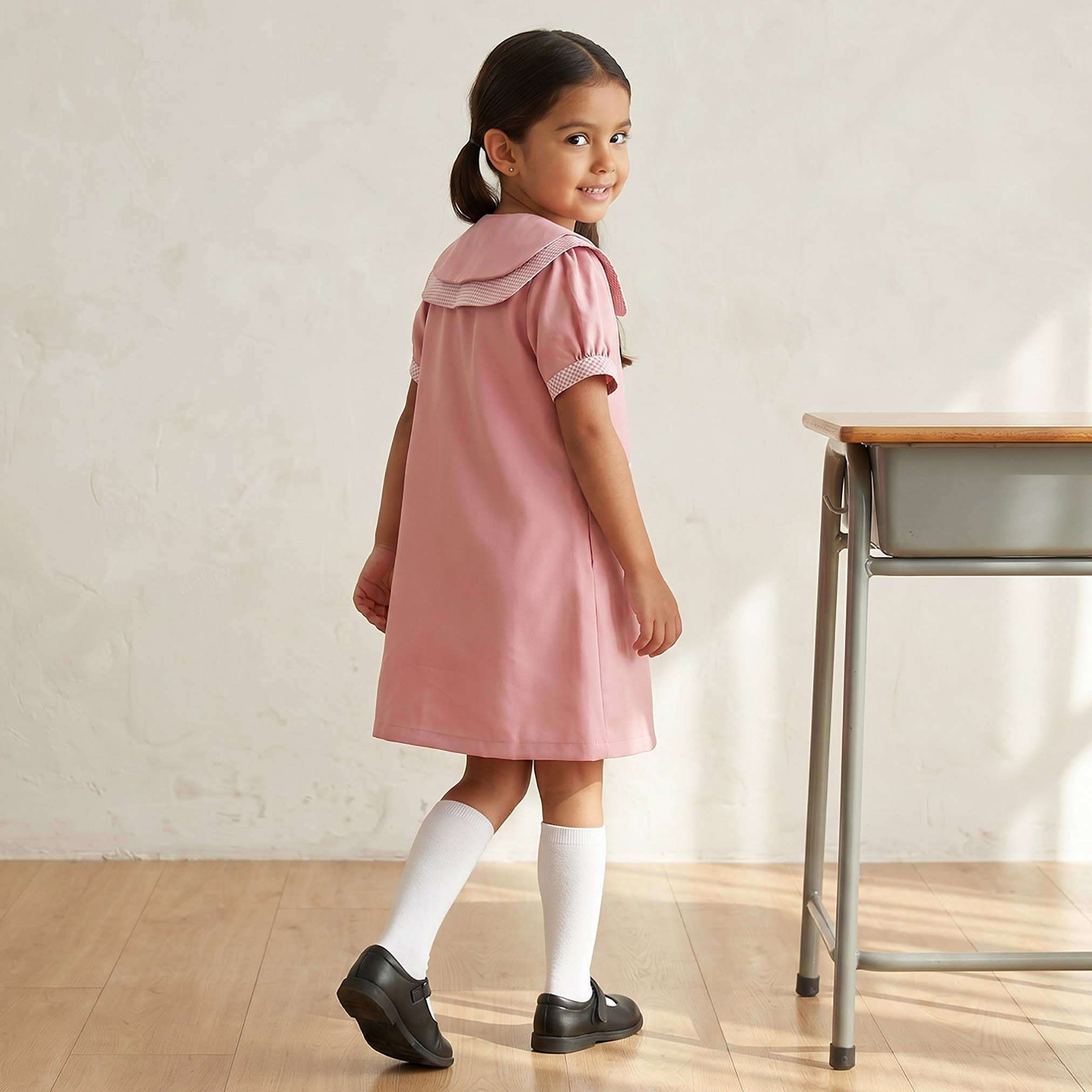 فستان مدرسة وردي بأكمام قصيرة للبنات من جونيورز-girls-clothing-schoolwear-dresses-image-2