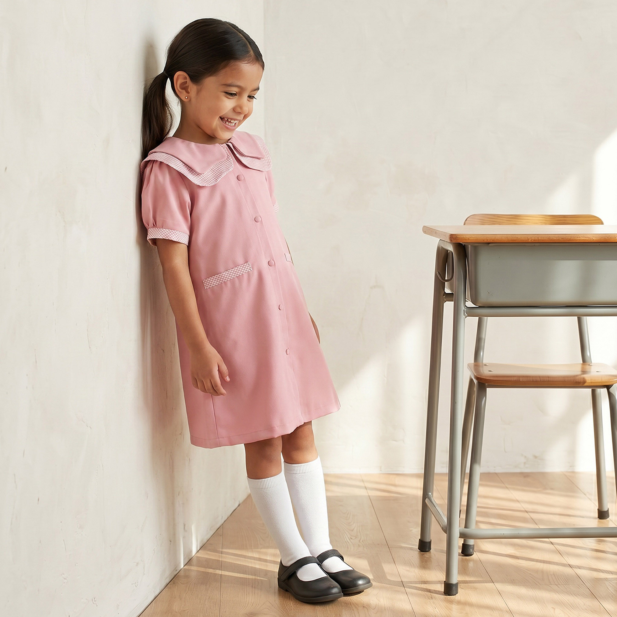 فستان مدرسة وردي بأكمام قصيرة للبنات من جونيورز-girls-clothing-schoolwear-dresses-image-4