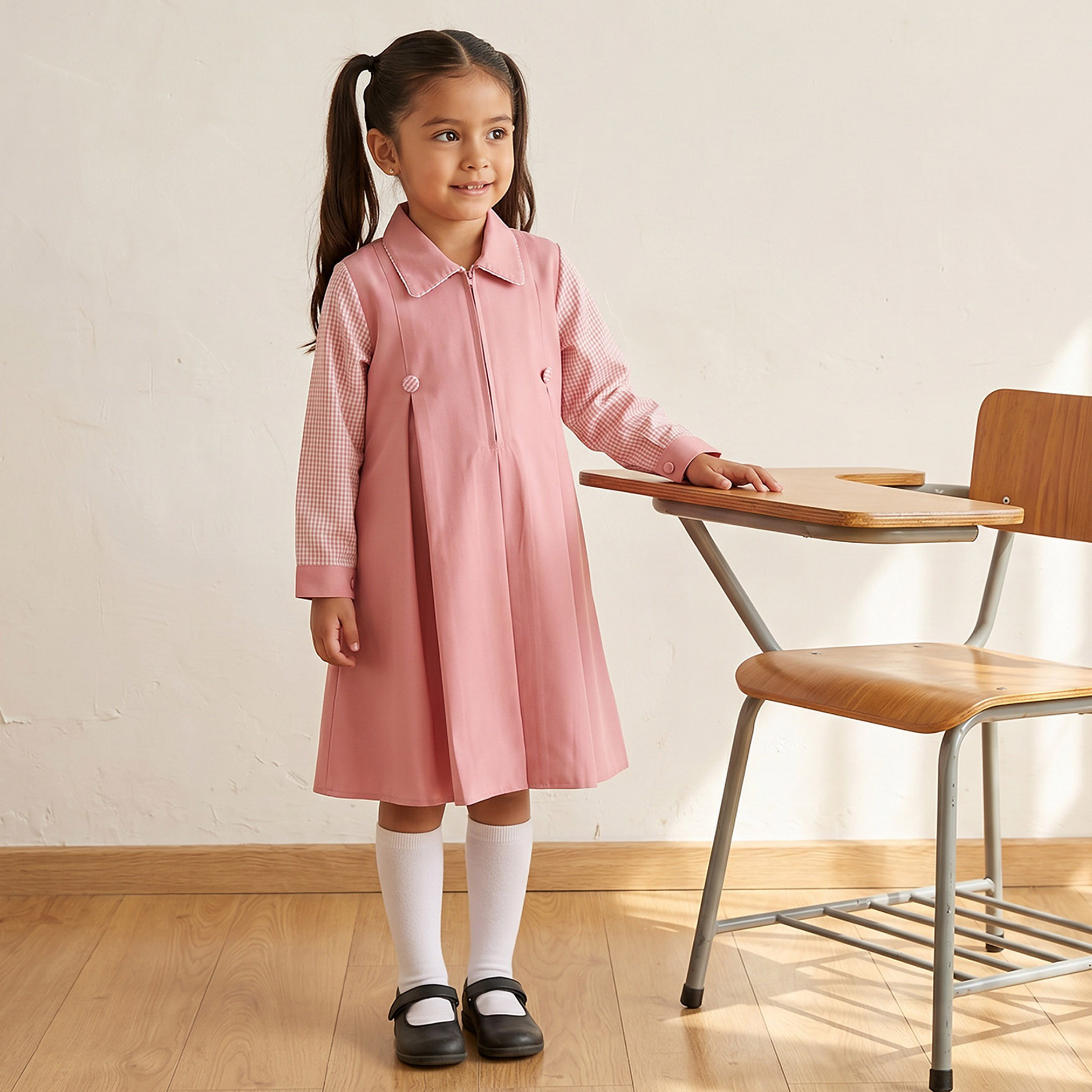 Juniors Pink School Dress with Long Sleeves - Girls-girls-clothing-schoolwear-dresses-image-1