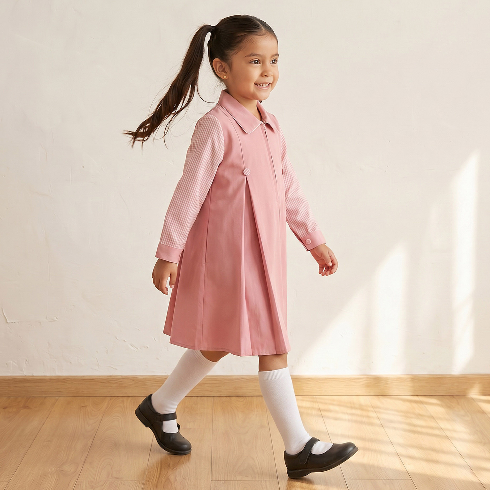 Juniors Pink School Dress with Long Sleeves - Girls-girls-clothing-schoolwear-dresses-image-4