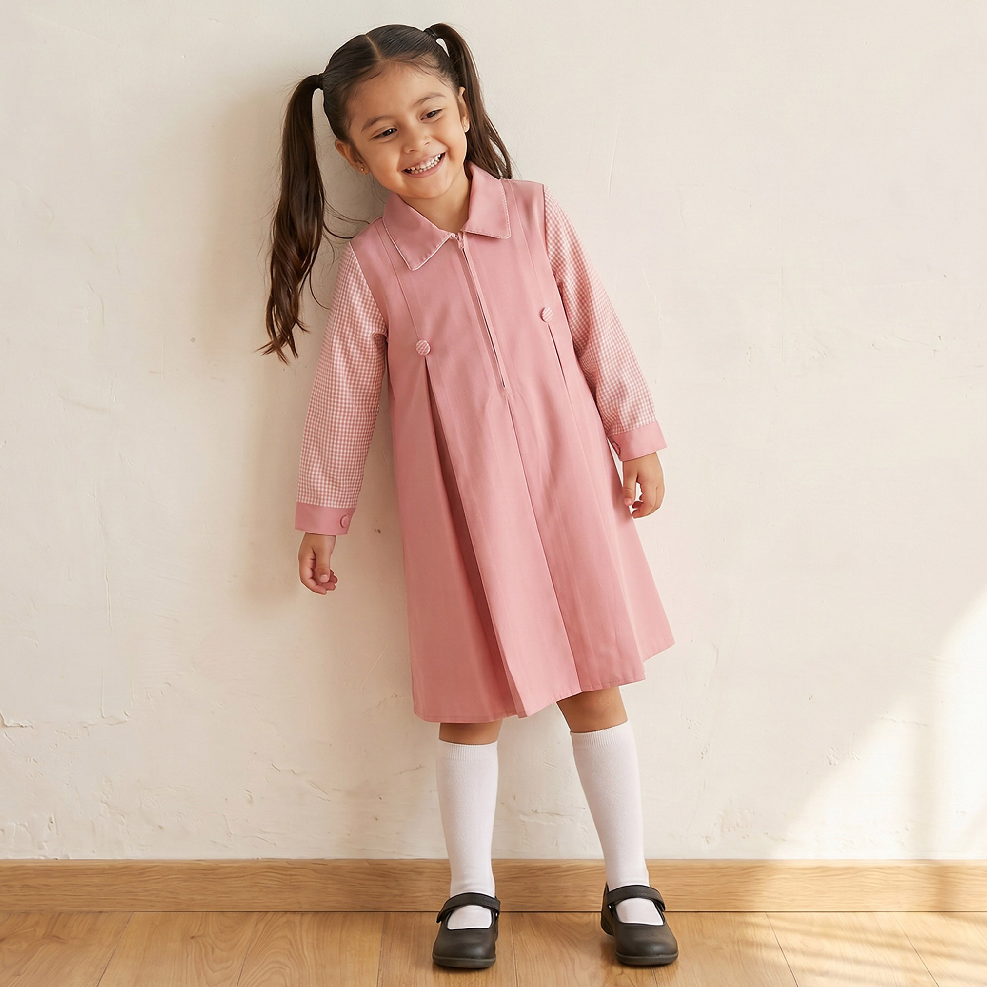 Juniors Pink School Dress with Long Sleeves - Girls-girls-clothing-schoolwear-dresses-image-6