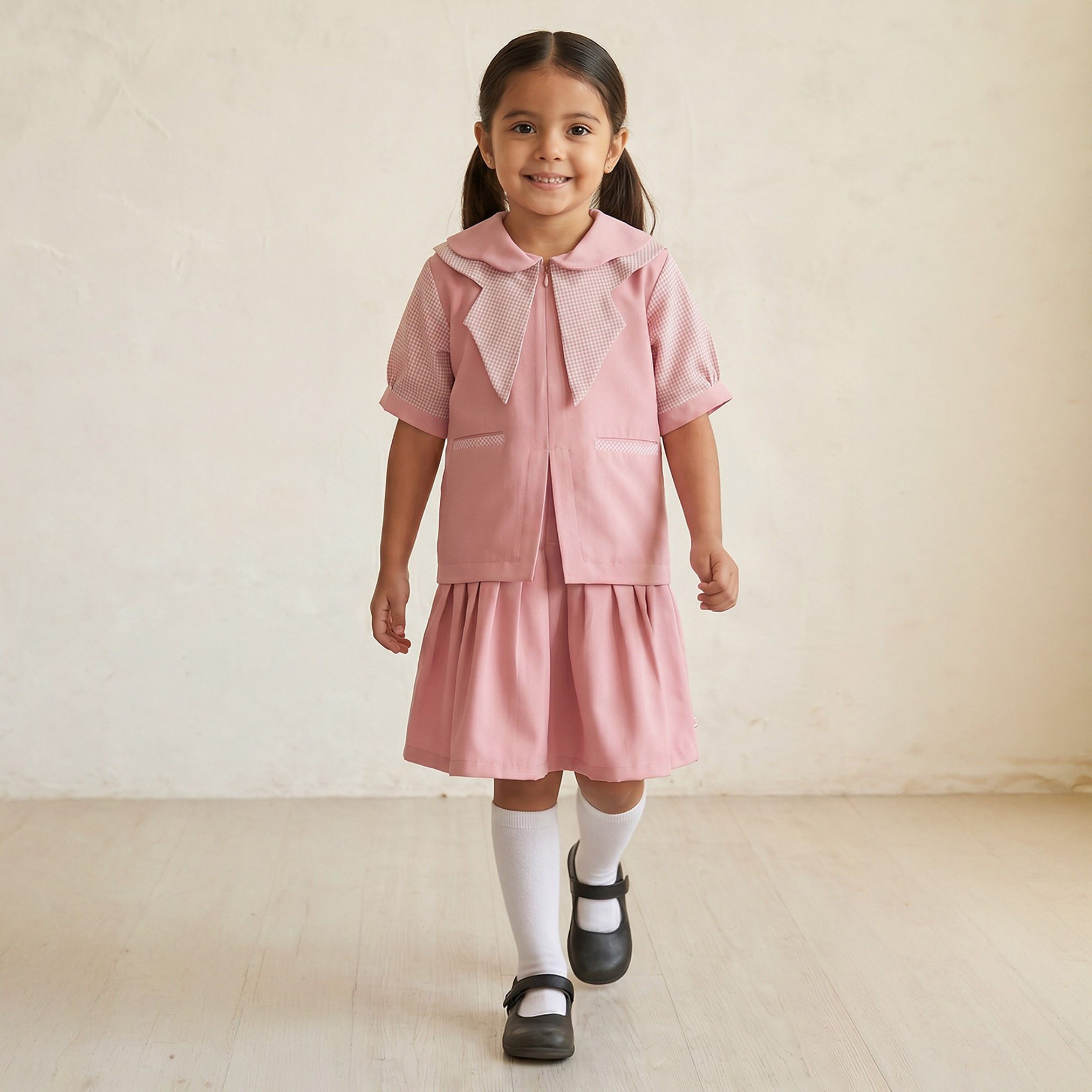 فستان مدرسة وردي بأكمام قصيرة للبنات من جونيورز-girls-clothing-schoolwear-dresses-image-1