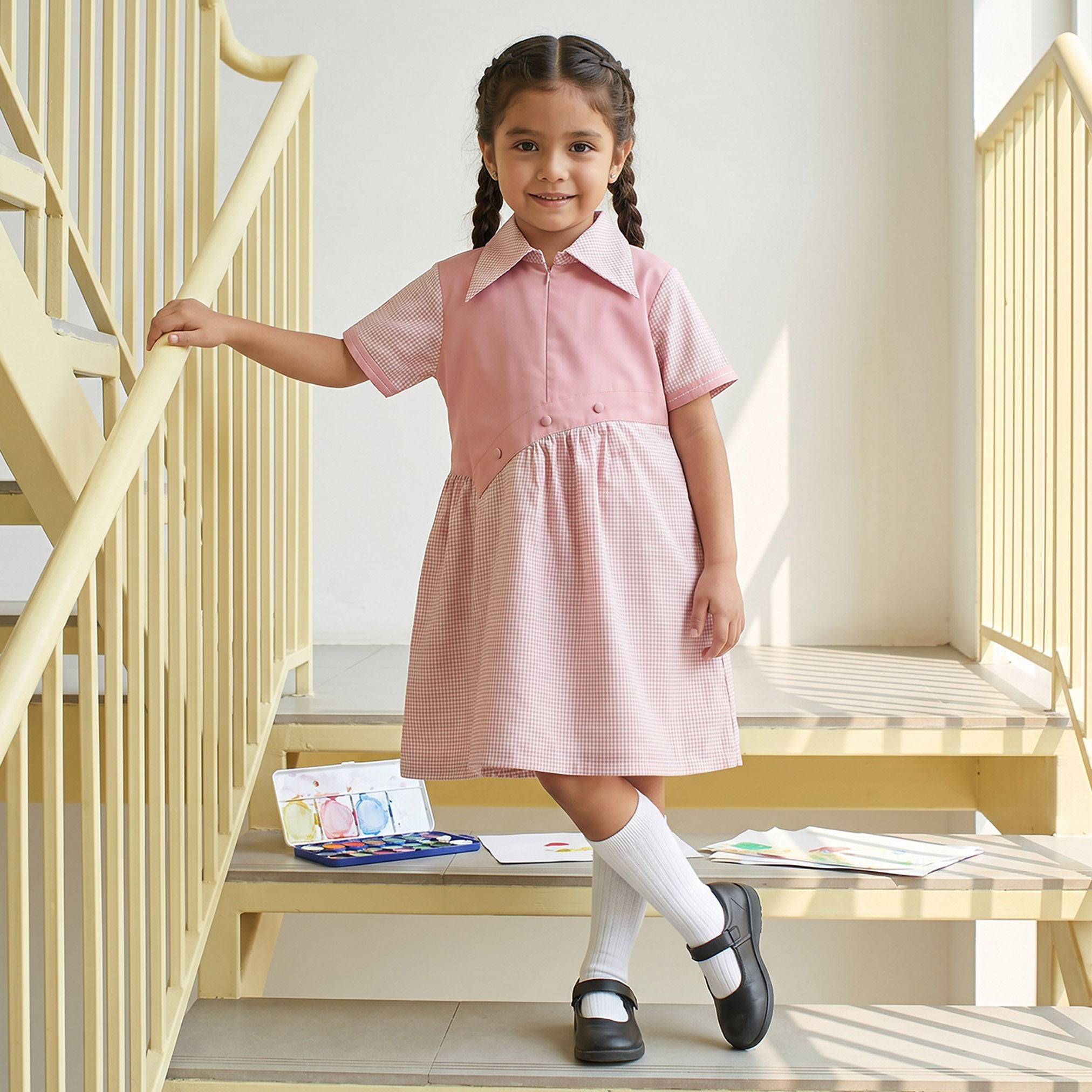 فستان مدرسة وردي بأكمام قصيرة للبنات من جونيورز-girls-clothing-schoolwear-dresses-image-1