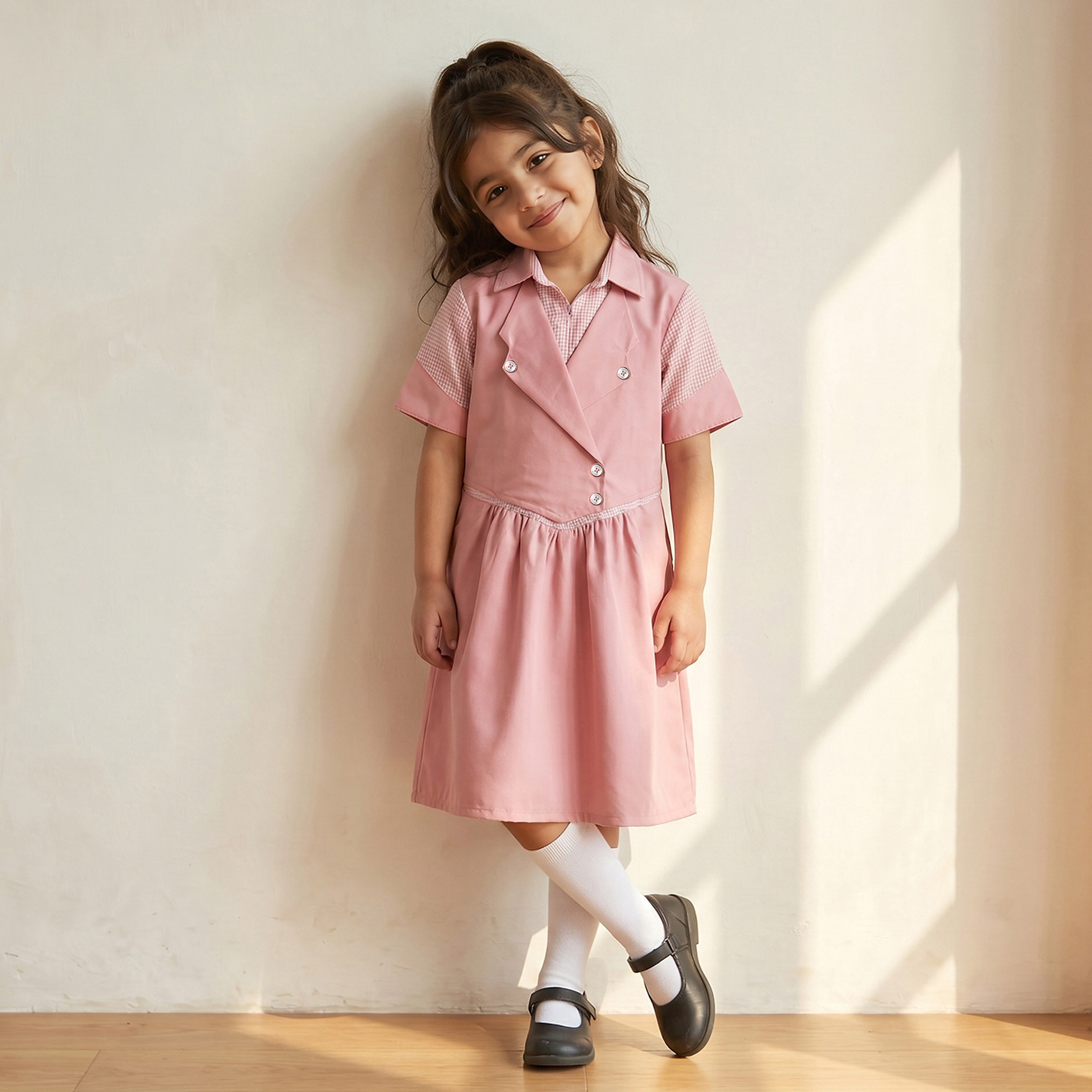 فستان مدرسي وردي بأكمام قصيرة من جونيورز - للبنات-girls-clothing-schoolwear-dresses-image-1