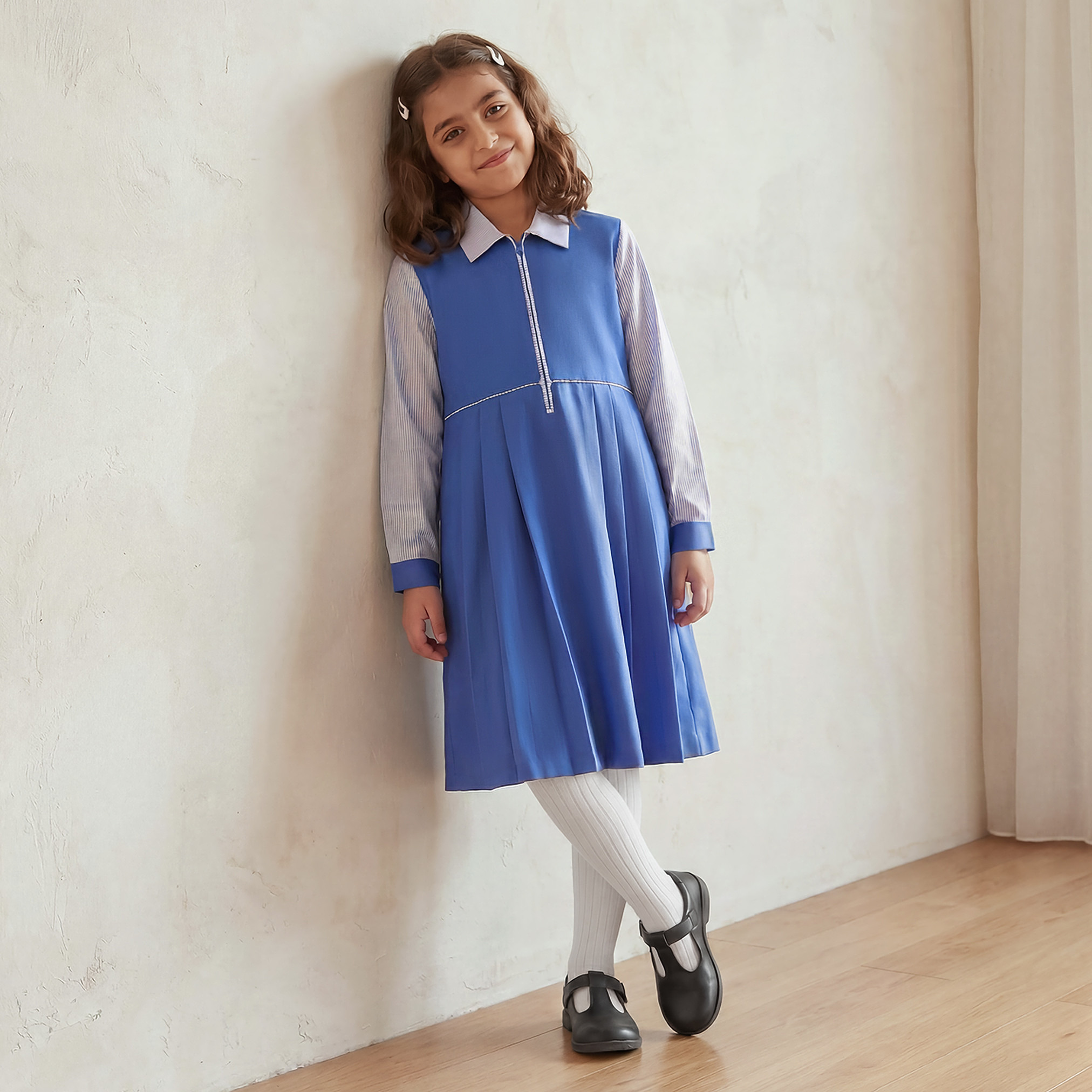 Juniors Blue School Dress with Long Sleeves - Girls-girls-clothing-schoolwear-dresses-image-4