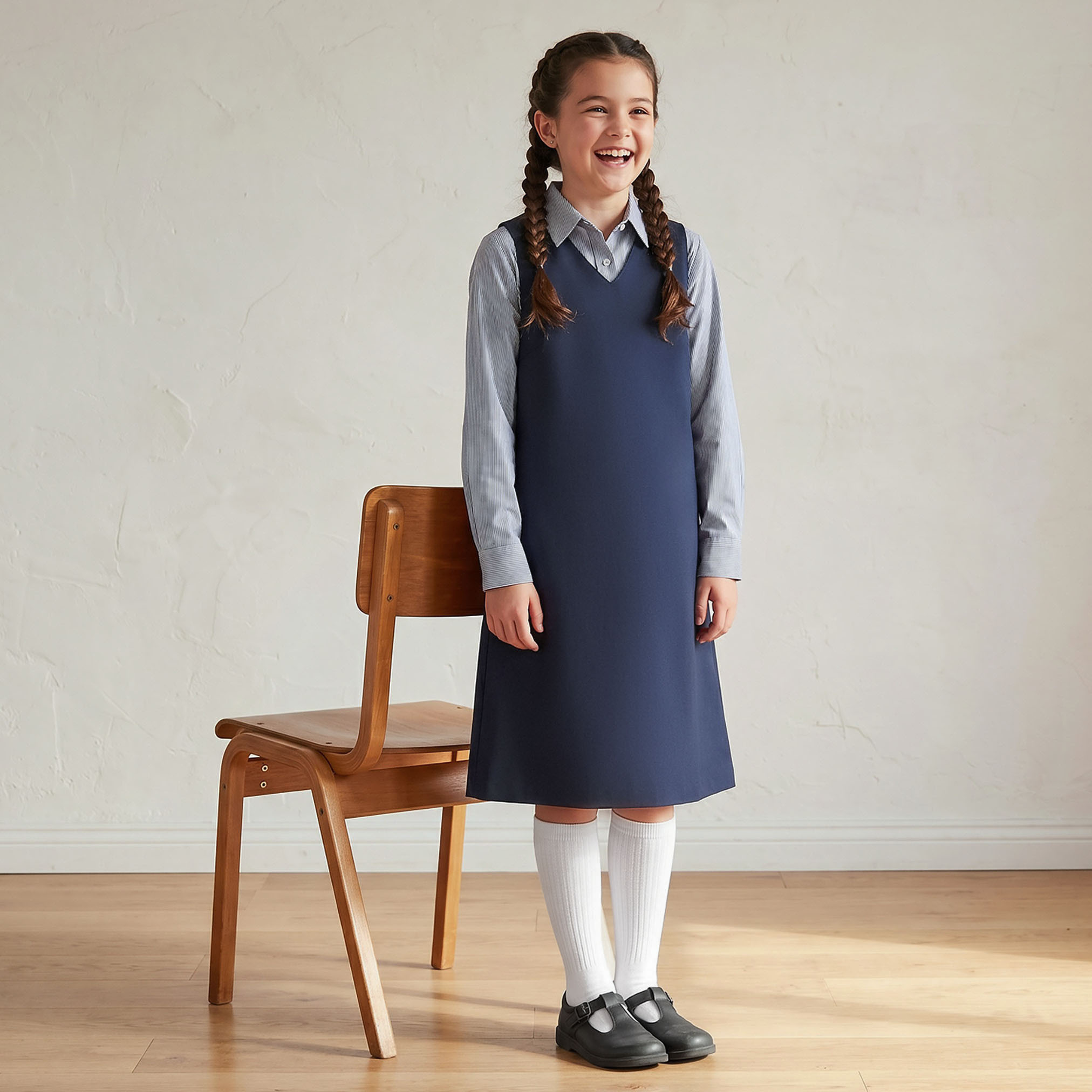 مريلة مدرسية زرقاء داكنة بياقة V من جونيورز - للبنات-girls-clothing-schoolwear-dresses-image-1