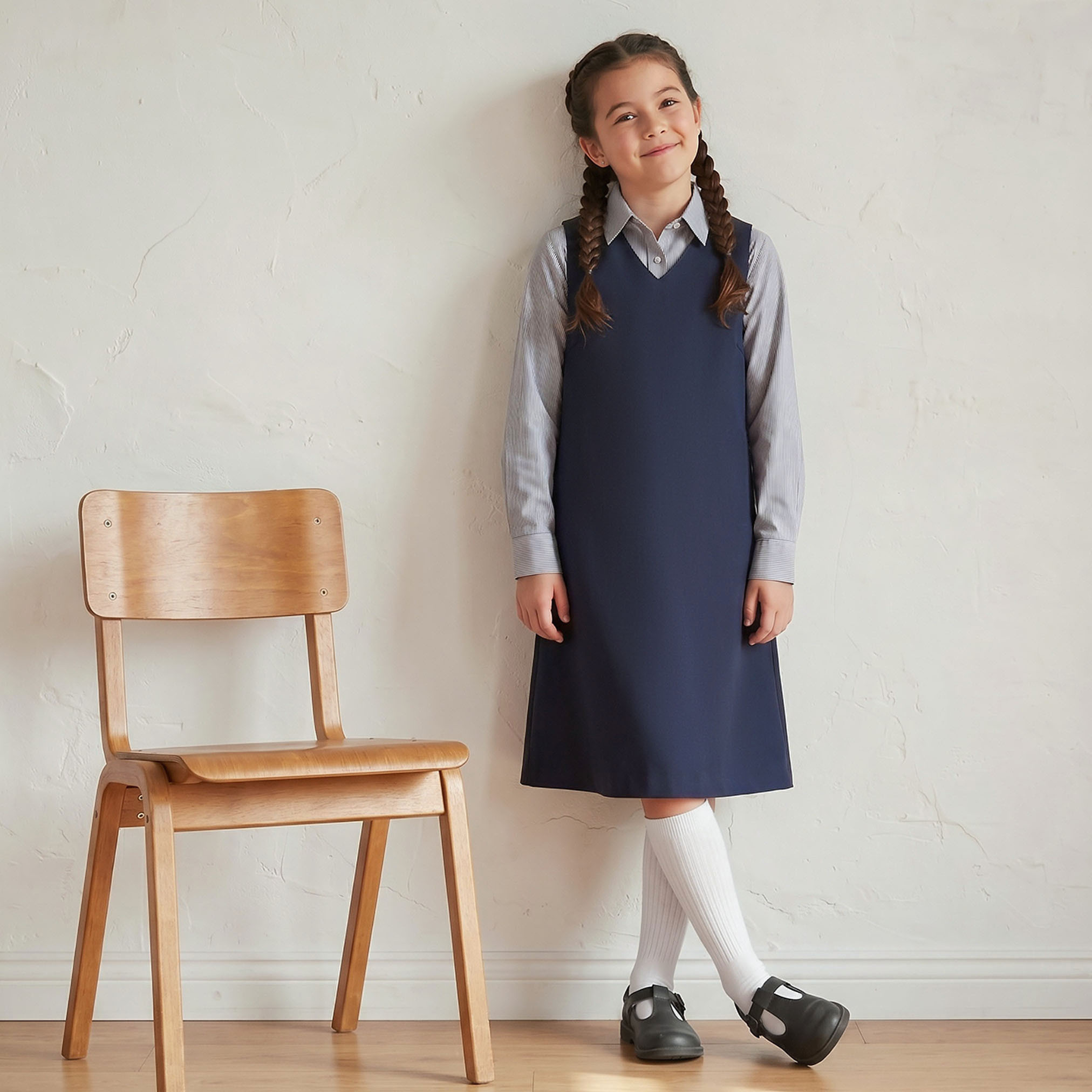 مريلة مدرسية زرقاء داكنة بياقة V من جونيورز - للبنات-girls-clothing-schoolwear-dresses-image-4