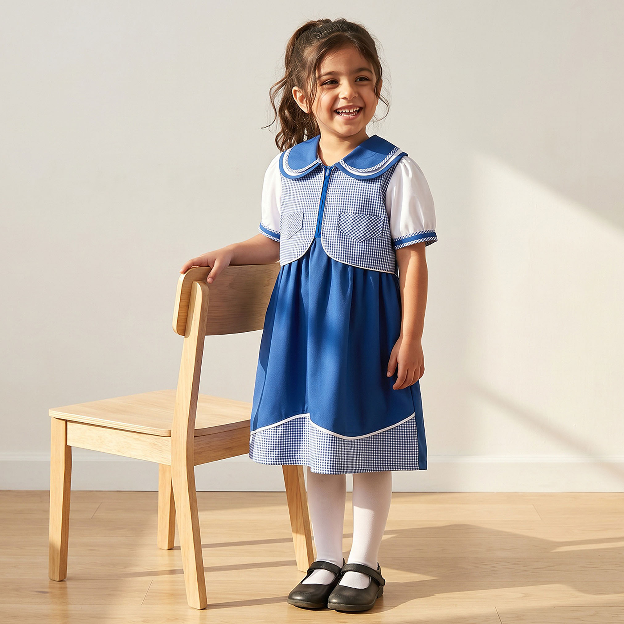 فستان مدرسي أزرق بأكمام قصيرة للبنات من جونيورز-girls-clothing-schoolwear-dresses-image-1