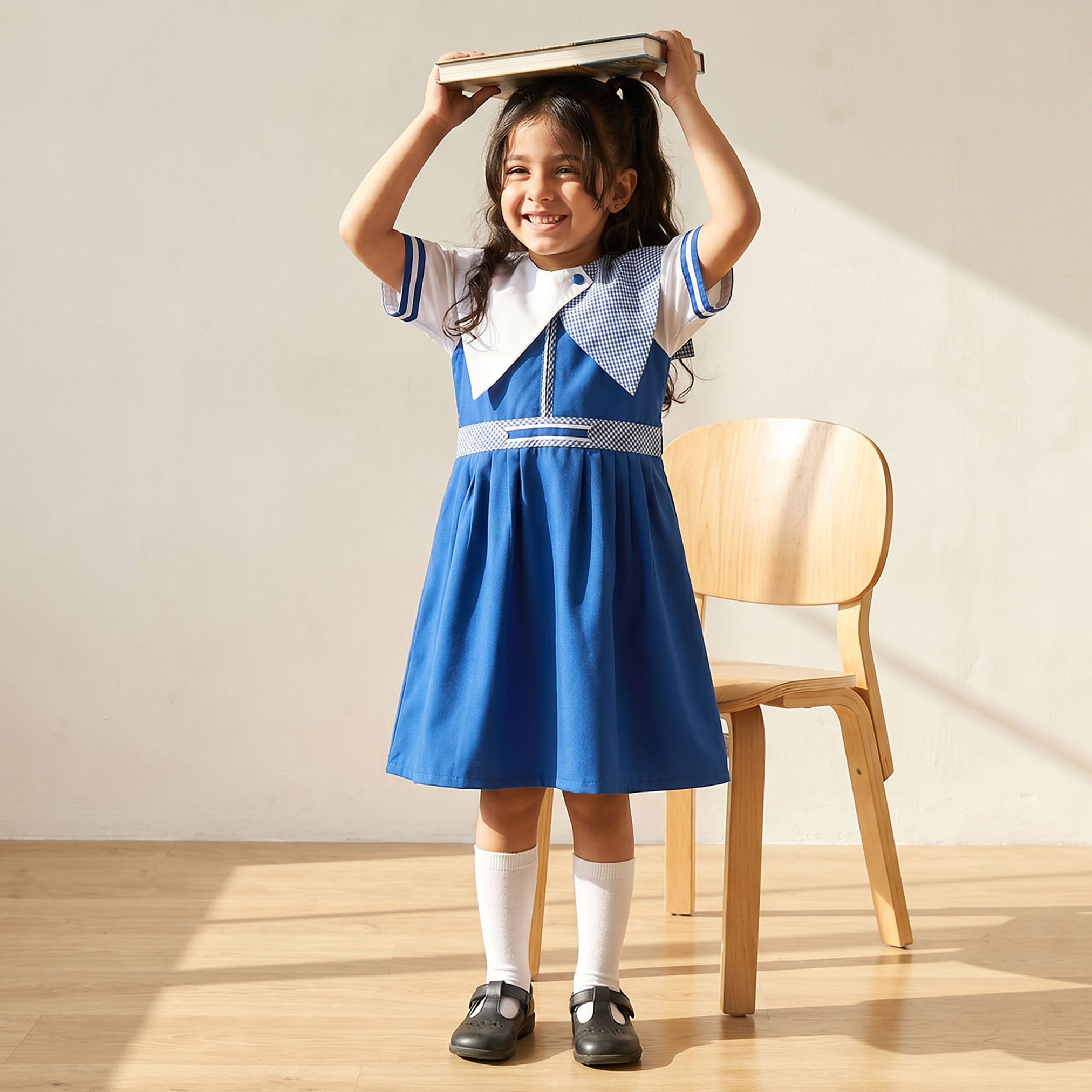Juniors Blue School Dress with Short Sleeves-girls-clothing-schoolwear-dresses-image-1