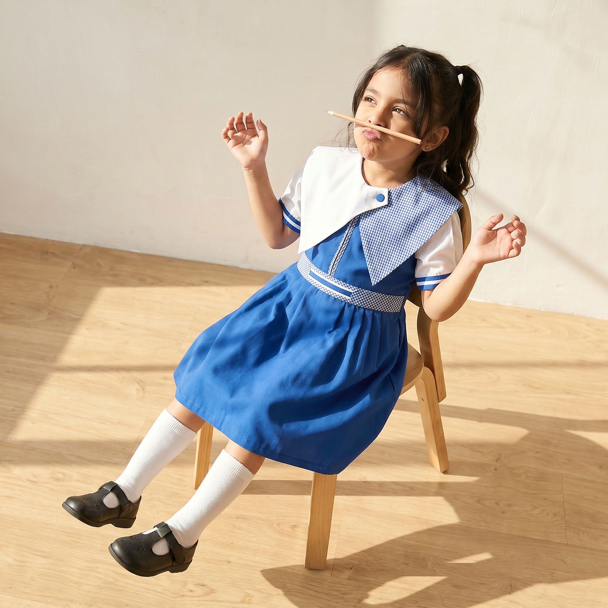 Juniors Blue School Dress with Short Sleeves-girls-clothing-schoolwear-dresses-image-4