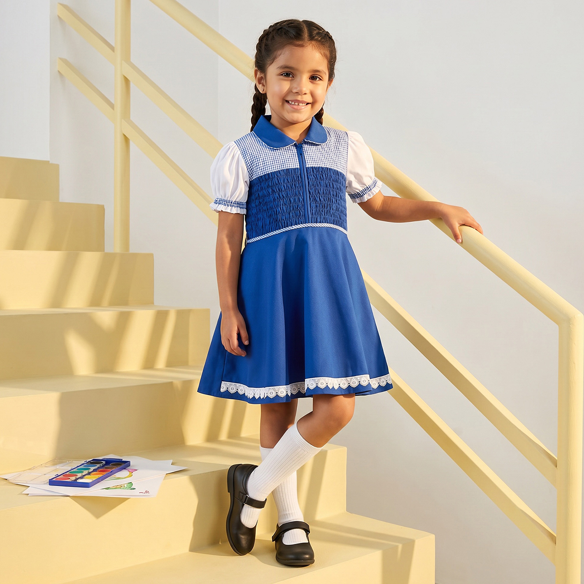فستان مدرسي أزرق بأكمام قصيرة من جونيورز - للبنات-girls-clothing-schoolwear-dresses-image-1