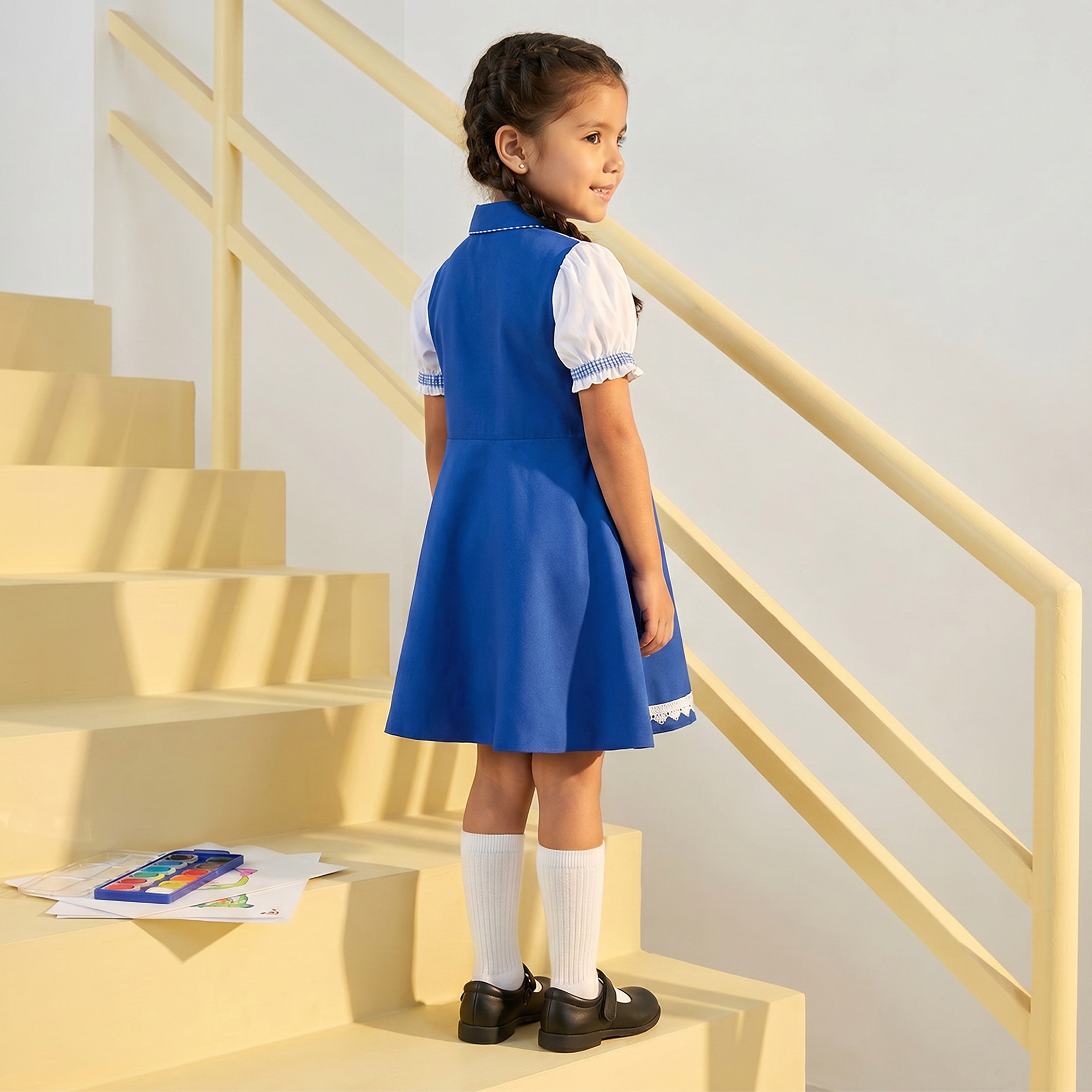 فستان مدرسي أزرق بأكمام قصيرة من جونيورز - للبنات-girls-clothing-schoolwear-dresses-image-2