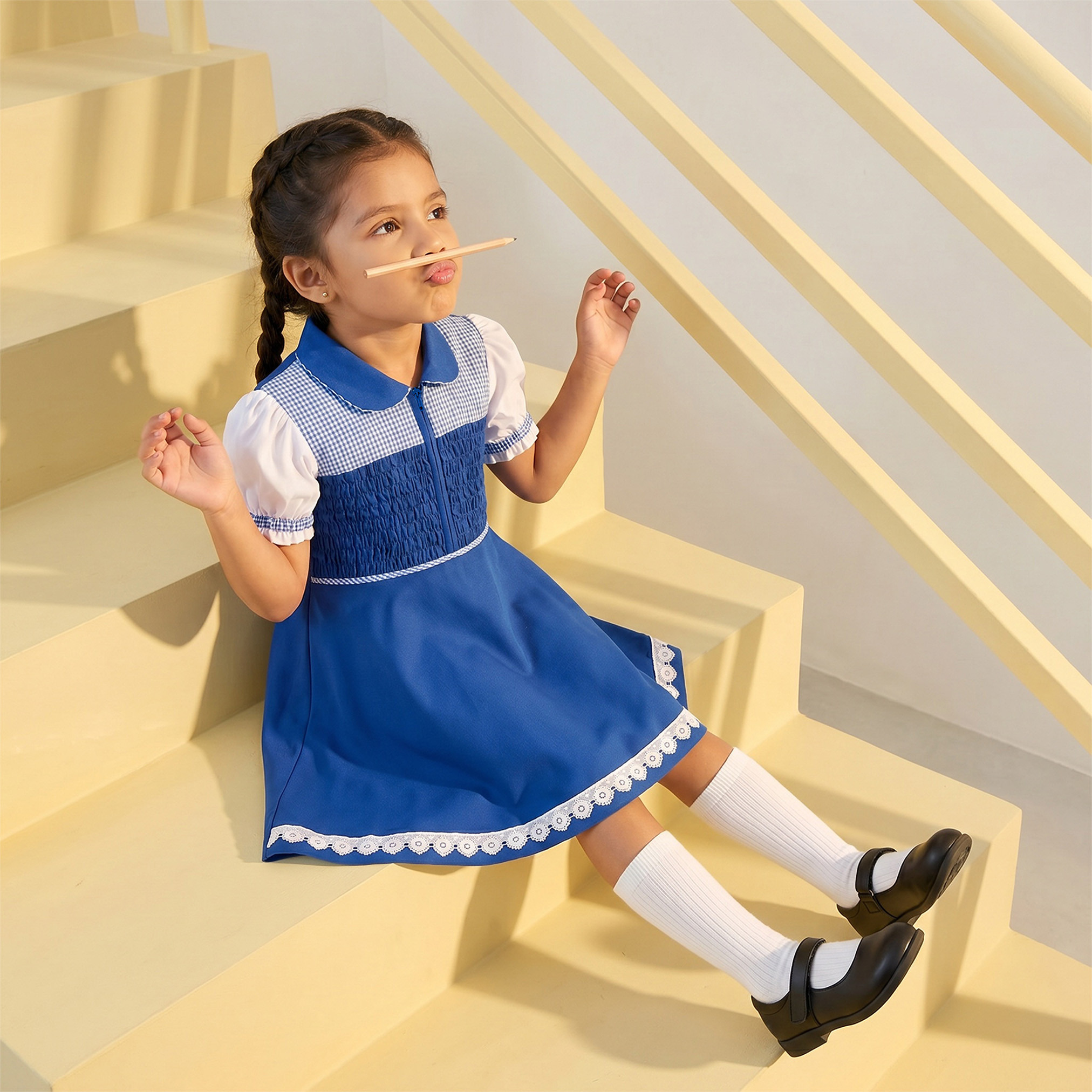 فستان مدرسي أزرق بأكمام قصيرة من جونيورز - للبنات-girls-clothing-schoolwear-dresses-image-5