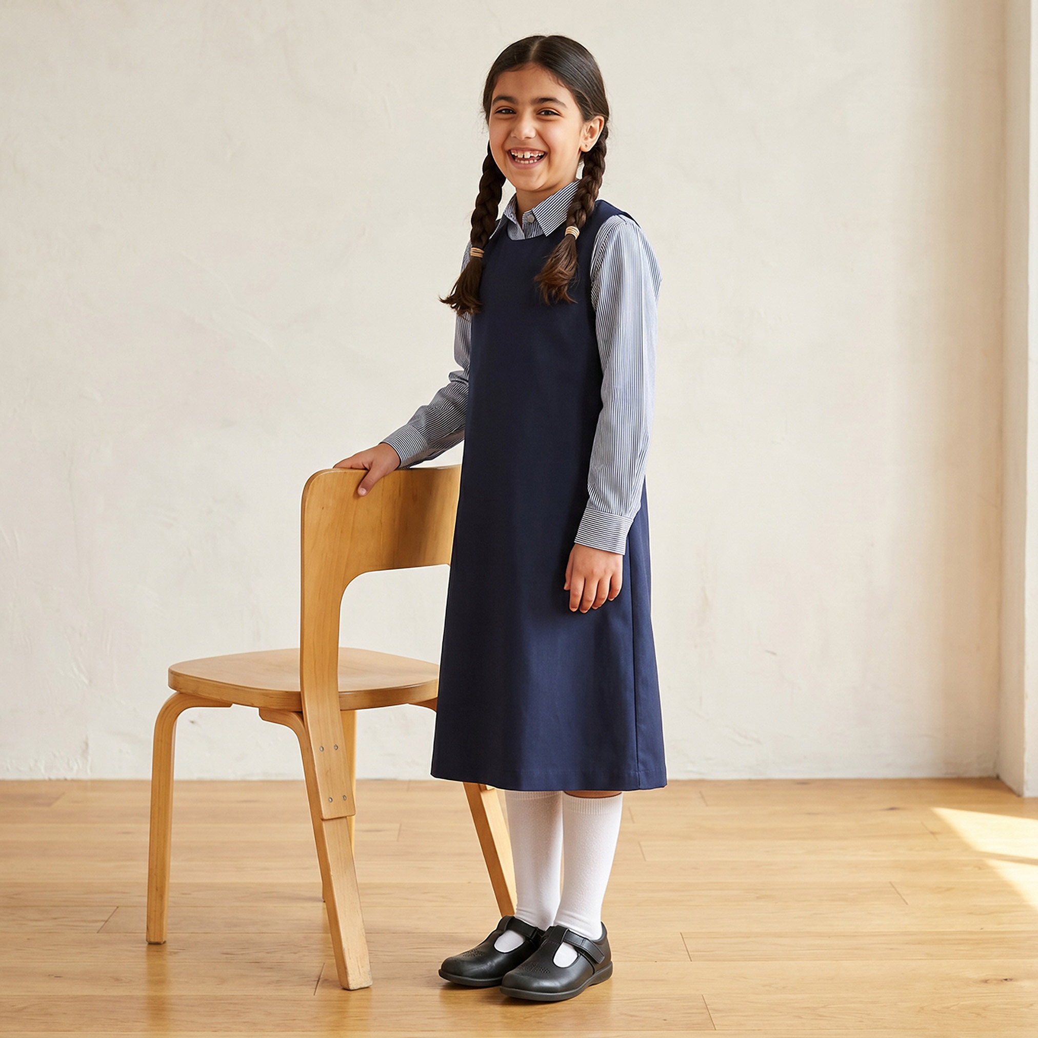 مريلة مدرسية زرقاء داكنة بياقة مستديرة من جونيورز - للبنات-girls-clothing-schoolwear-dresses-image-1