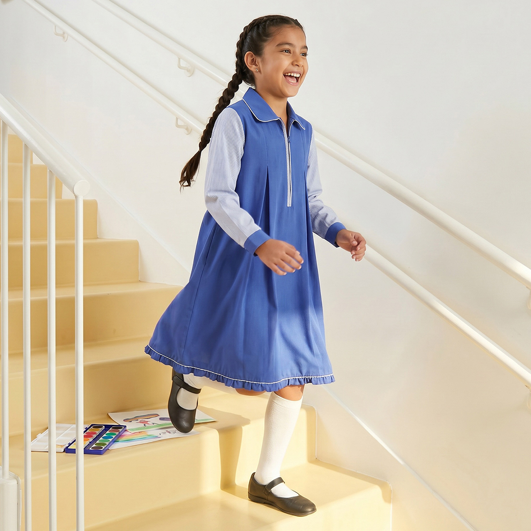 Juniors Blue School Dress with Long Sleeves - Girls-girls-clothing-schoolwear-dresses-image-4