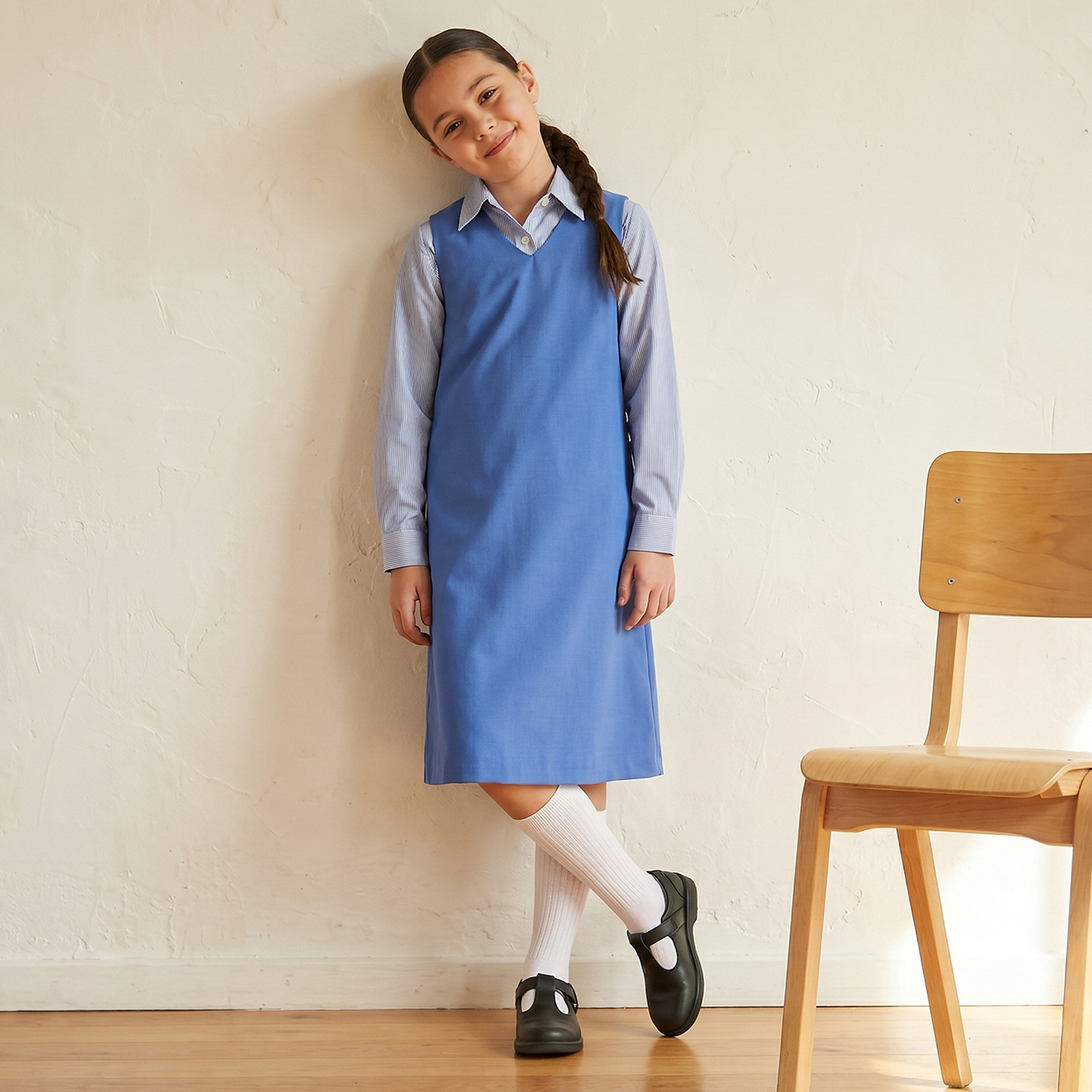 Juniors Blue School Pinafore with V Neck - Girls-girls-clothing-schoolwear-dresses-image-1