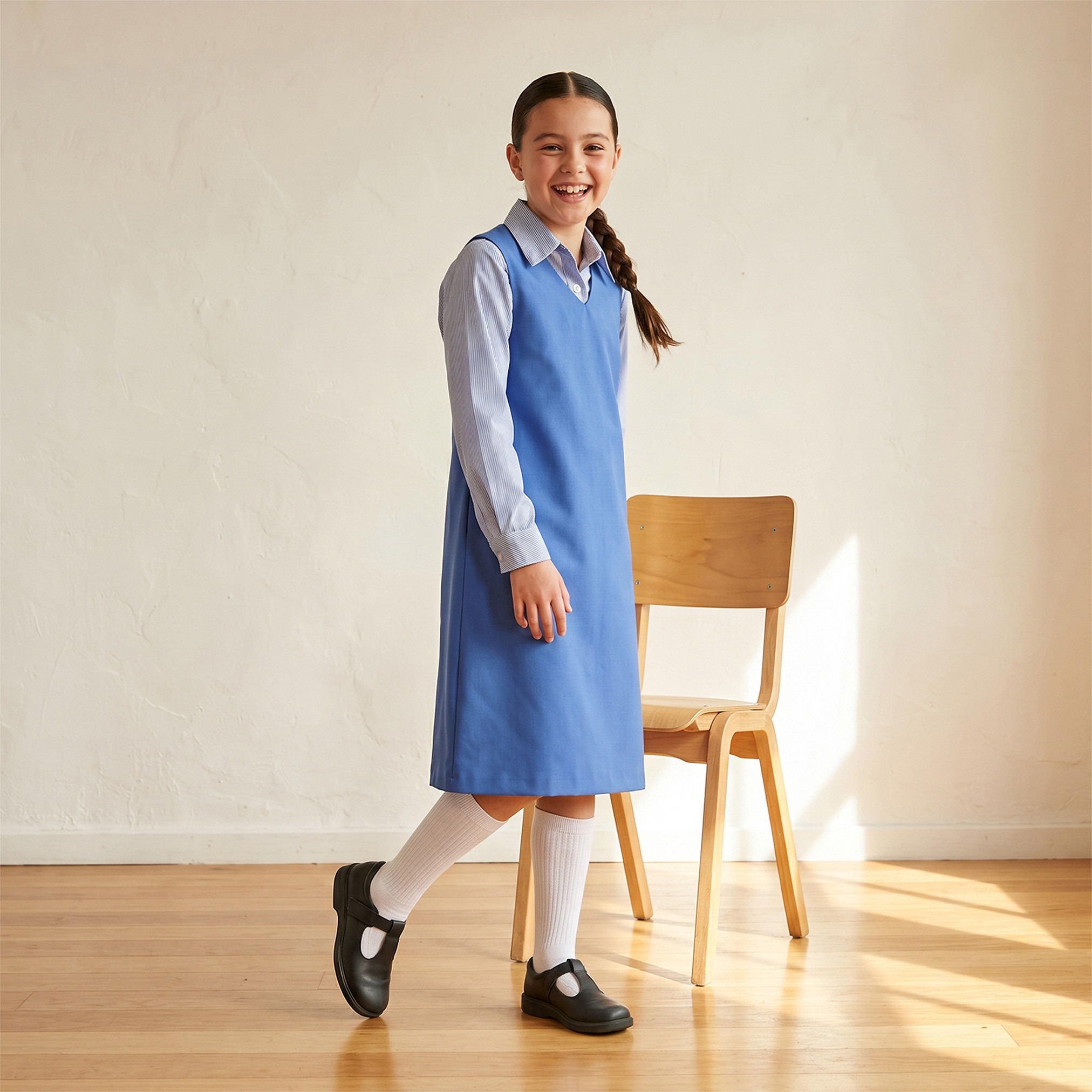 Juniors Blue School Pinafore with V Neck - Girls-girls-clothing-schoolwear-dresses-image-4