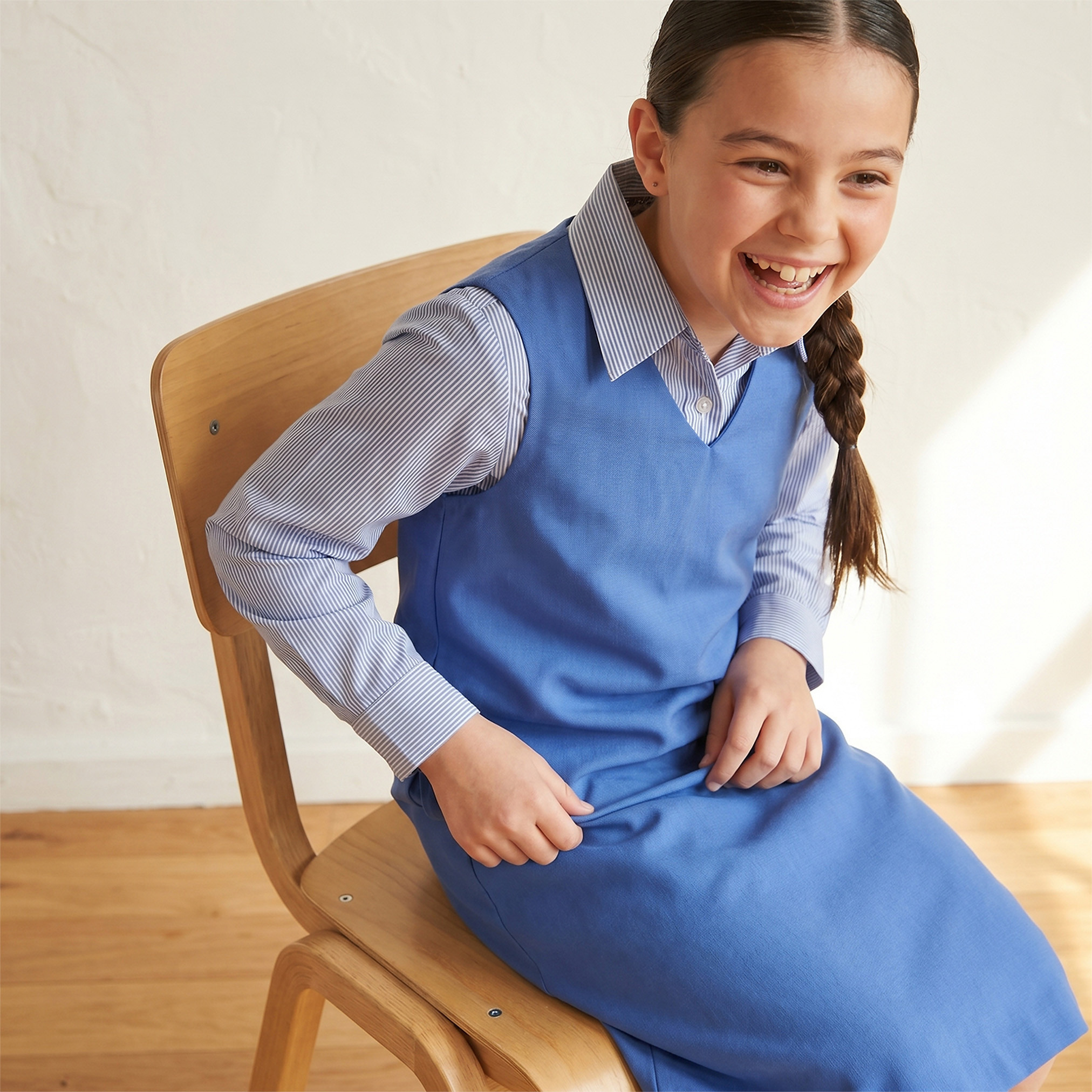Juniors Blue School Pinafore with V Neck - Girls-girls-clothing-schoolwear-dresses-image-5