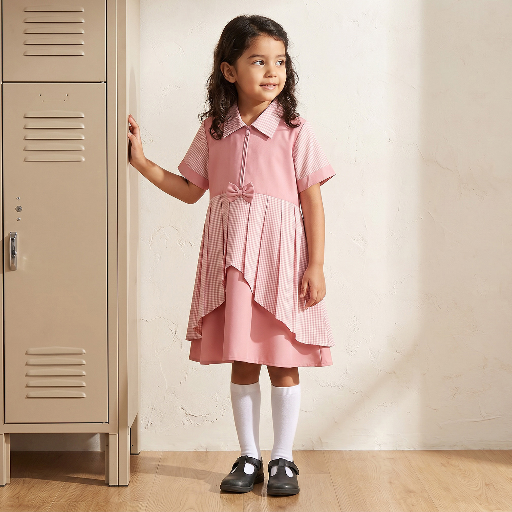 فستان مدرسي وردي بأكمام قصيرة للبنات من جونيورز-girls-clothing-schoolwear-dresses-image-1