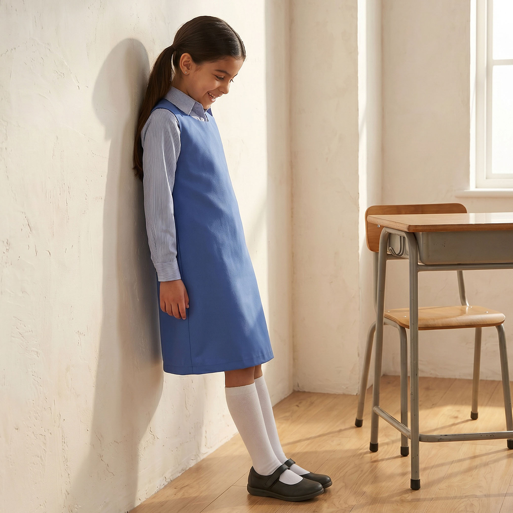 مريلة مدرسية زرقاء بياقة مستديرة من جونيورز - للبنات-girls-clothing-schoolwear-dresses-image-4