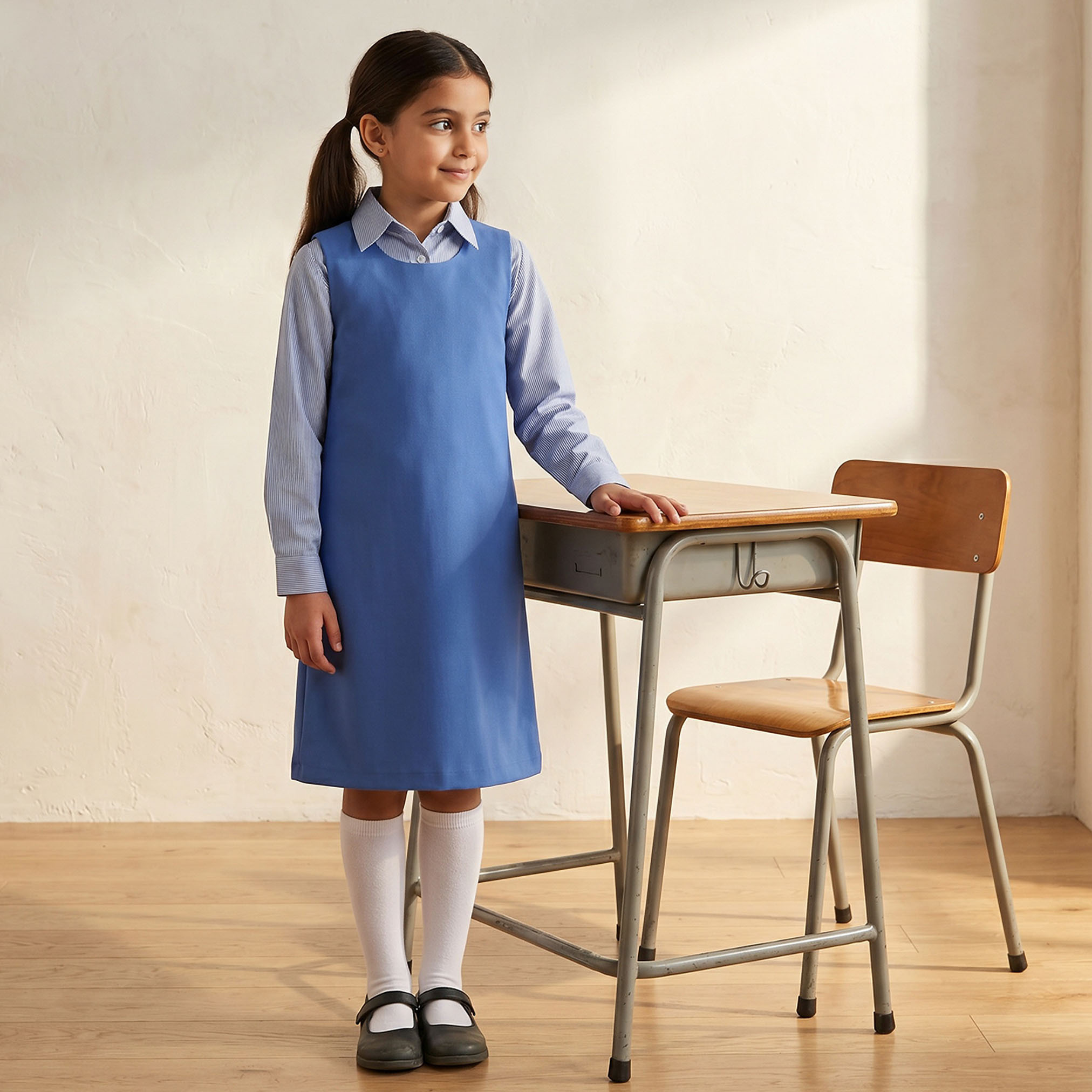 مريلة مدرسية زرقاء بياقة مستديرة من جونيورز - للبنات-girls-clothing-schoolwear-dresses-image-1
