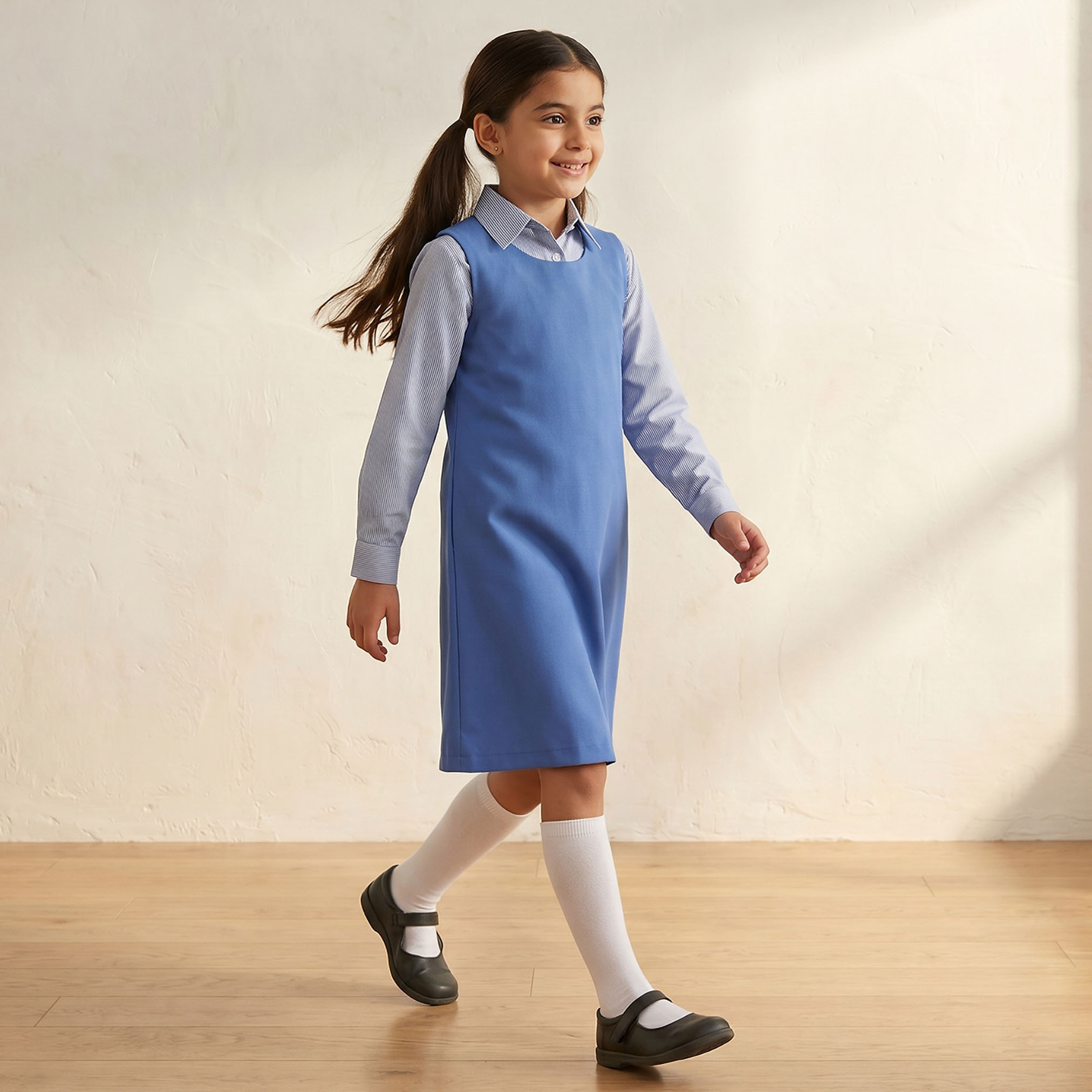 مريلة مدرسية زرقاء بياقة مستديرة من جونيورز - للبنات-girls-clothing-schoolwear-dresses-image-5