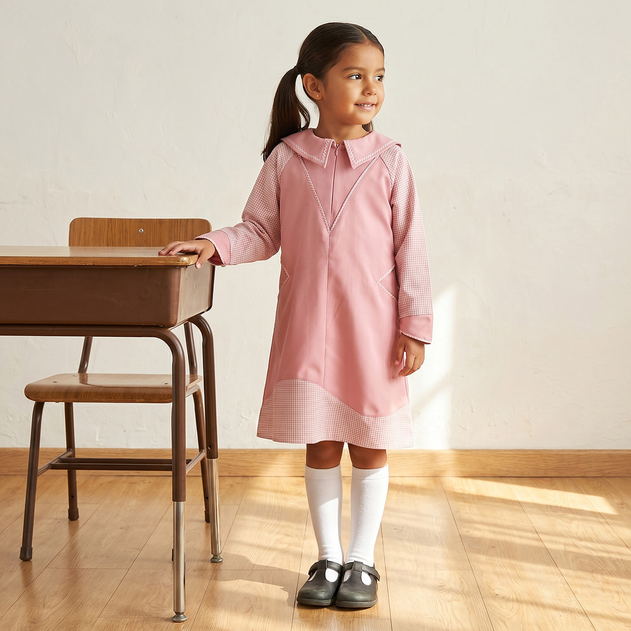 Juniors Pink School Dress with Long Sleeves - Girls-girls-clothing-schoolwear-dresses-image-1