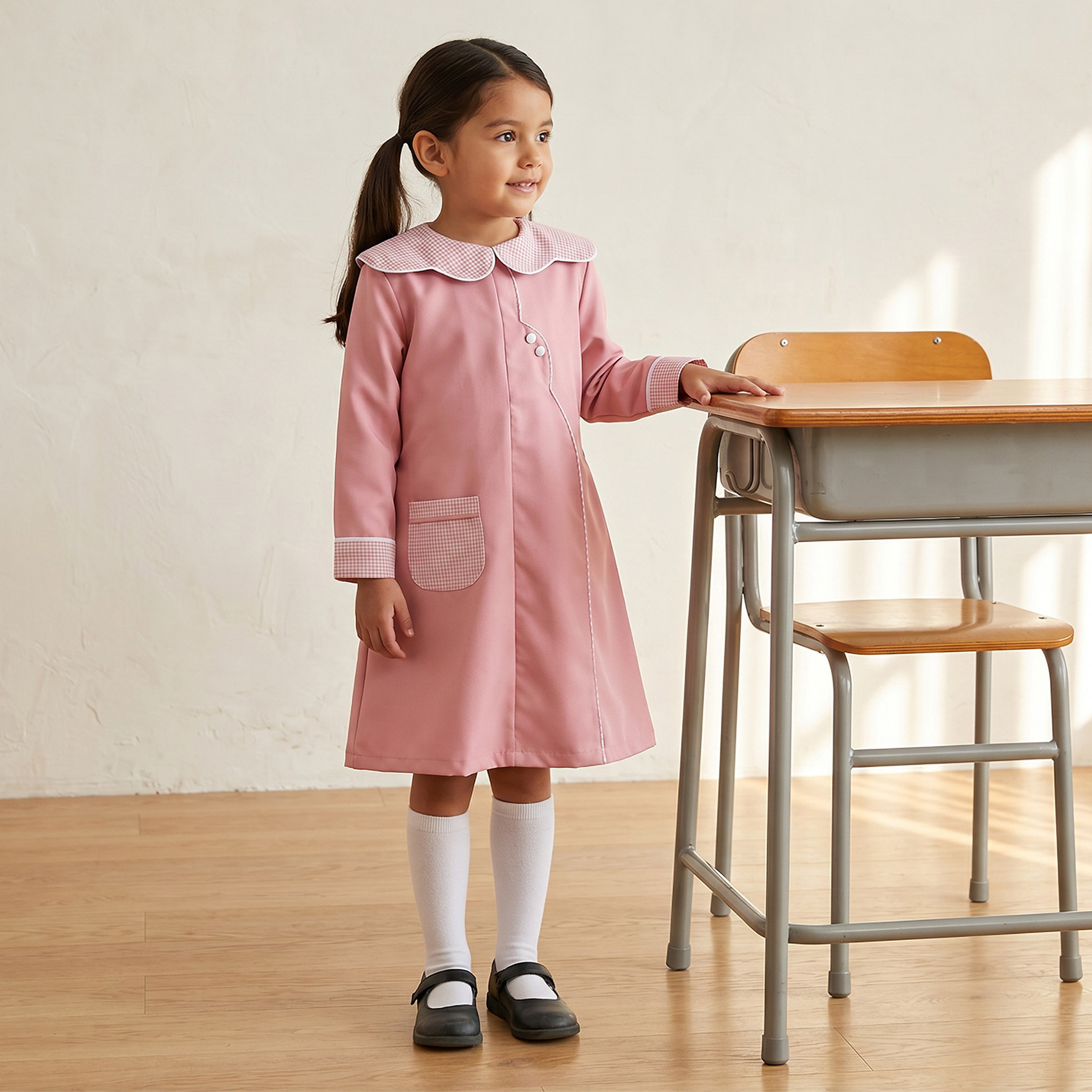 Juniors Pink School Dress with Long Sleeves - Girls-girls-clothing-schoolwear-dresses-image-1