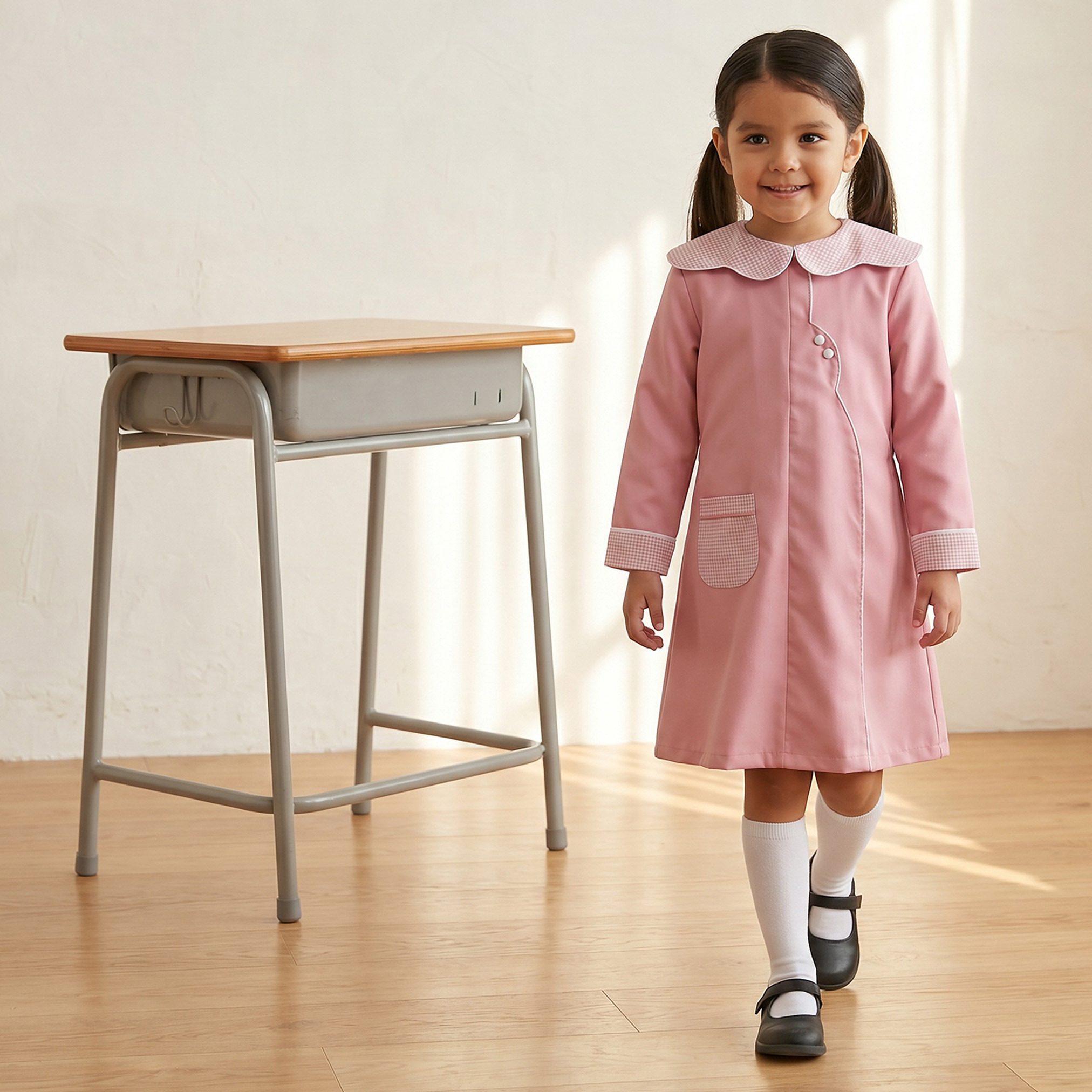 Juniors Pink School Dress with Long Sleeves - Girls-girls-clothing-schoolwear-dresses-image-5