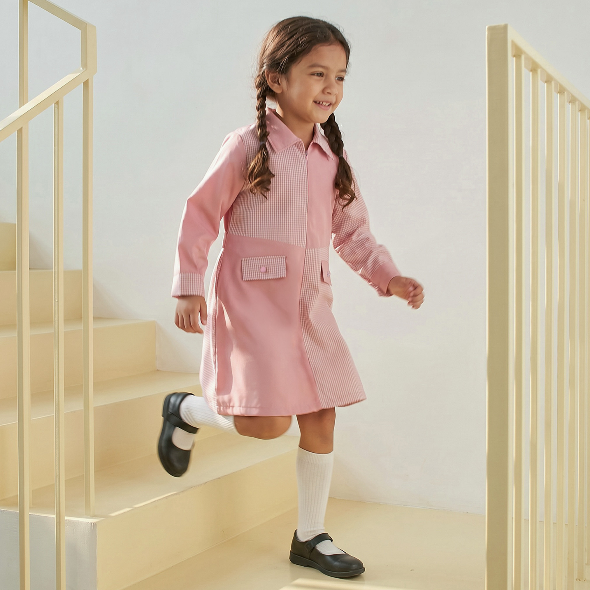 Juniors Pink School A-line Dress with Collar - Girls-girls-clothing-schoolwear-dresses-image-4