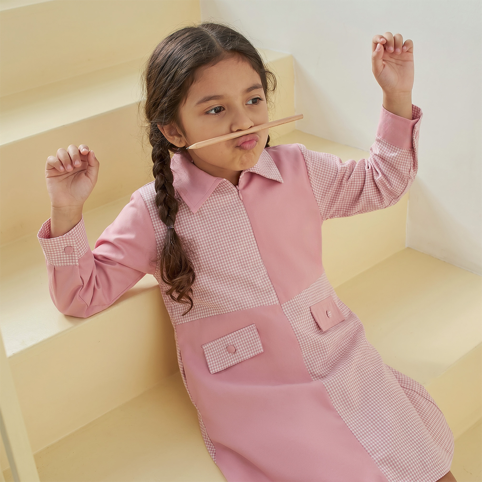 Juniors Pink School A-line Dress with Collar - Girls-girls-clothing-schoolwear-dresses-image-5