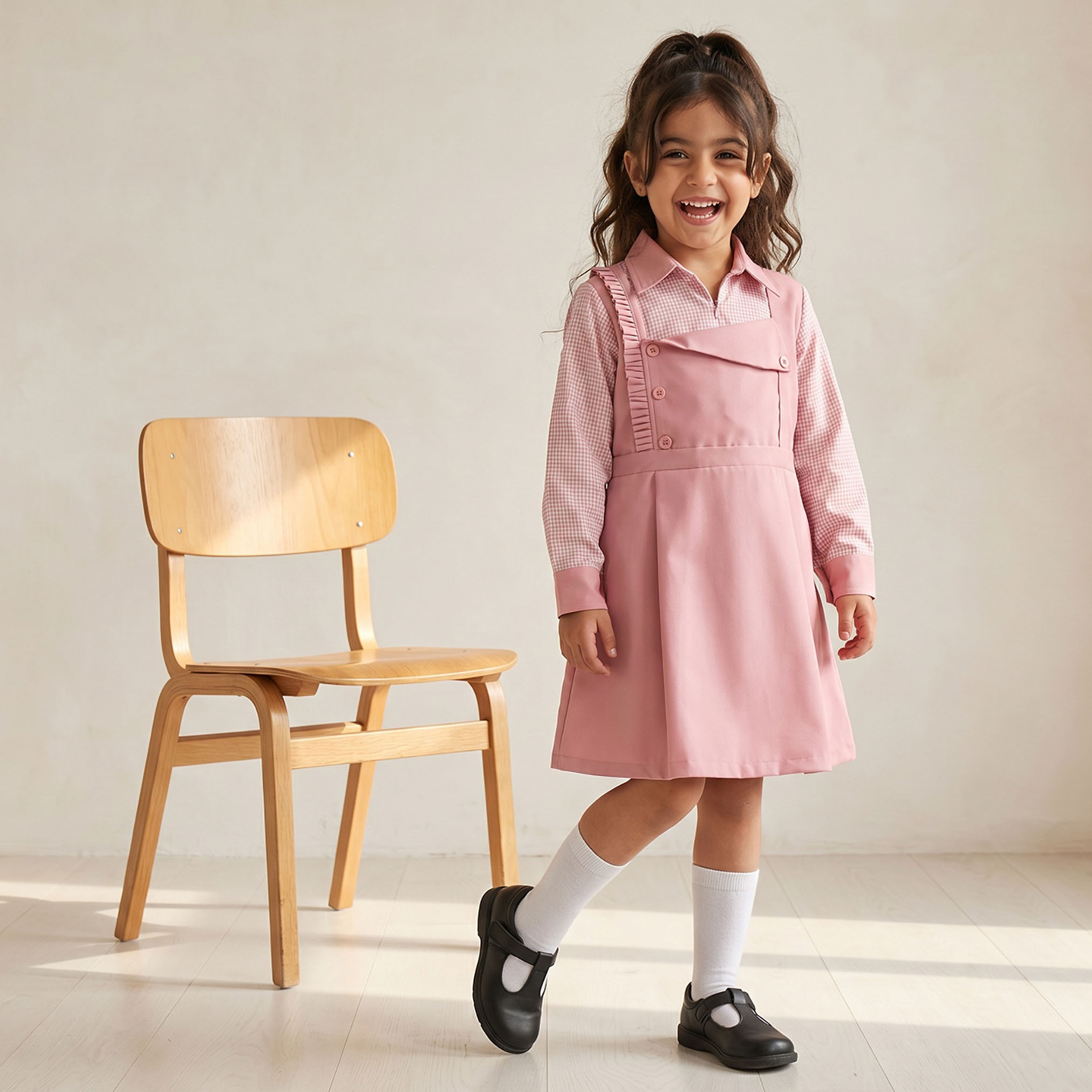 فستان وردي إيه لاين بياقة عادية للبنات من جونيورز-girls-clothing-schoolwear-dresses-image-1