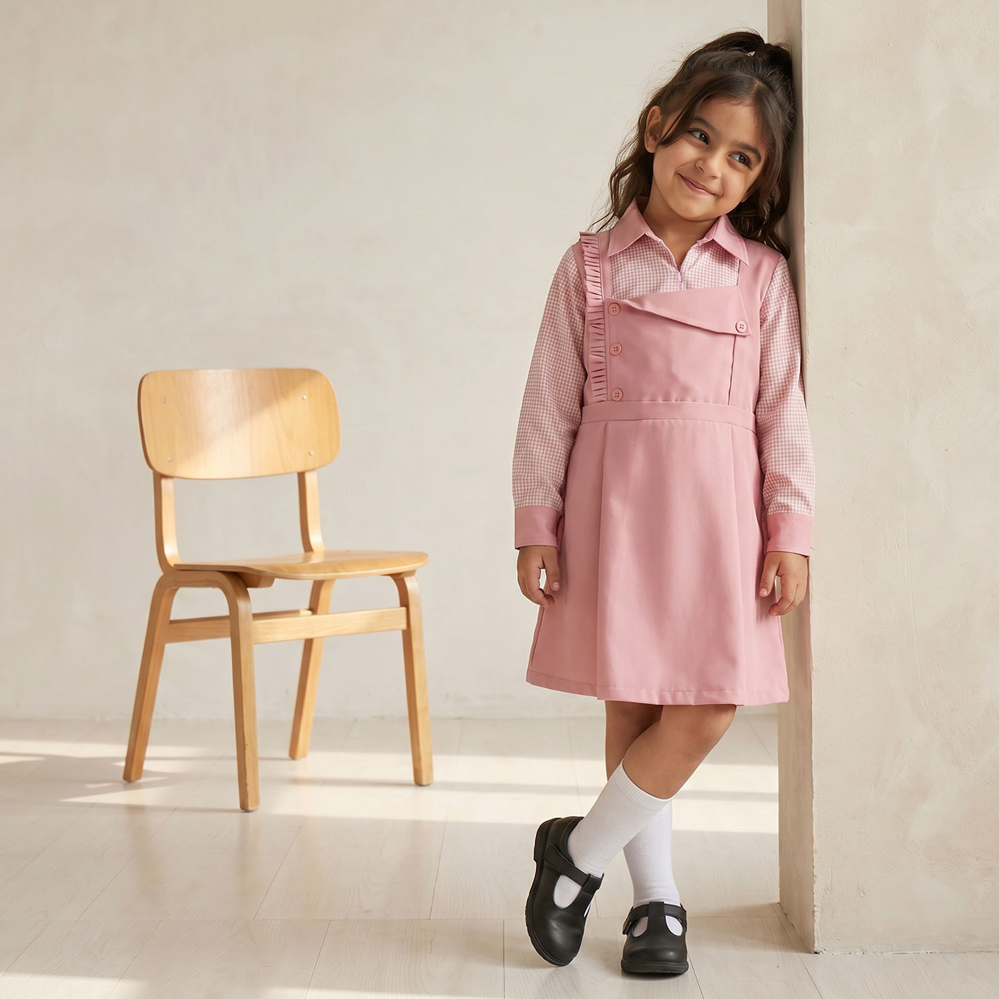 فستان وردي إيه لاين بياقة عادية للبنات من جونيورز-girls-clothing-schoolwear-dresses-image-4