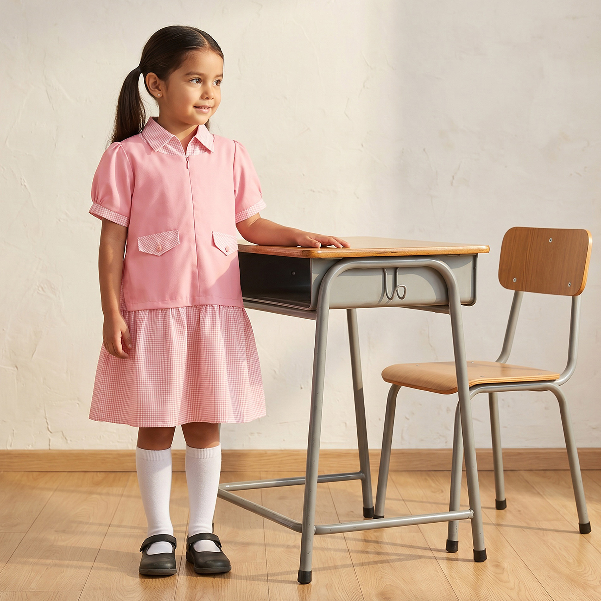 Juniors Pink School Dress with Short Sleeves - Girls-girls-clothing-schoolwear-dresses-image-1