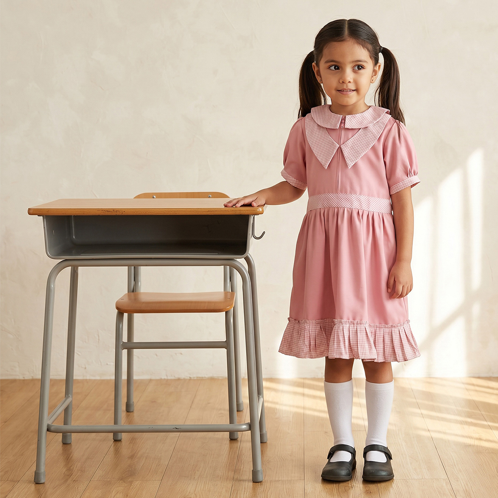 Juniors Checked School Dress with Peter Pan Collar - Girls-girls-clothing-schoolwear-dresses-image-1