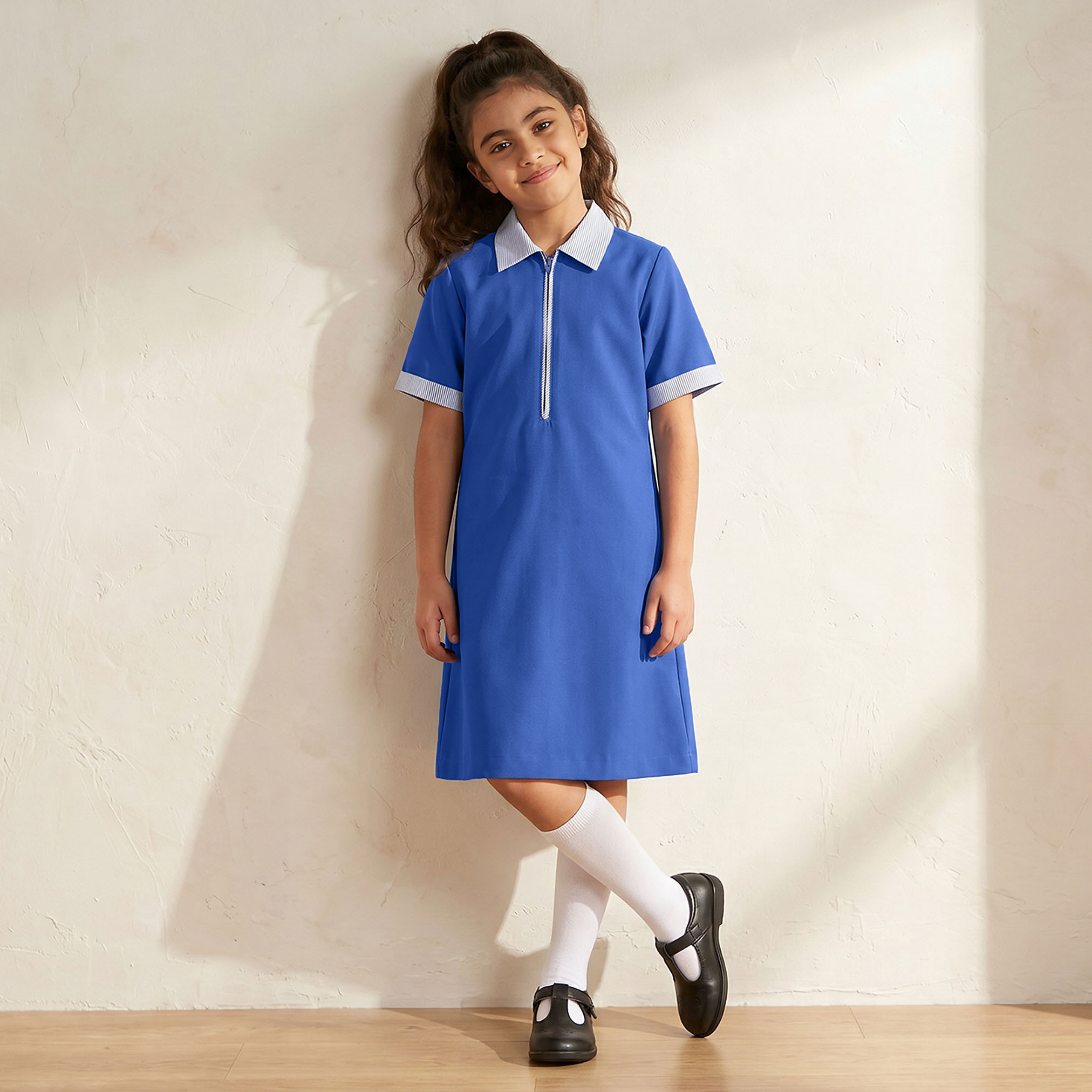 Juniors Blue A-line Dress with Collar - Girls-girls-clothing-schoolwear-dresses-image-1