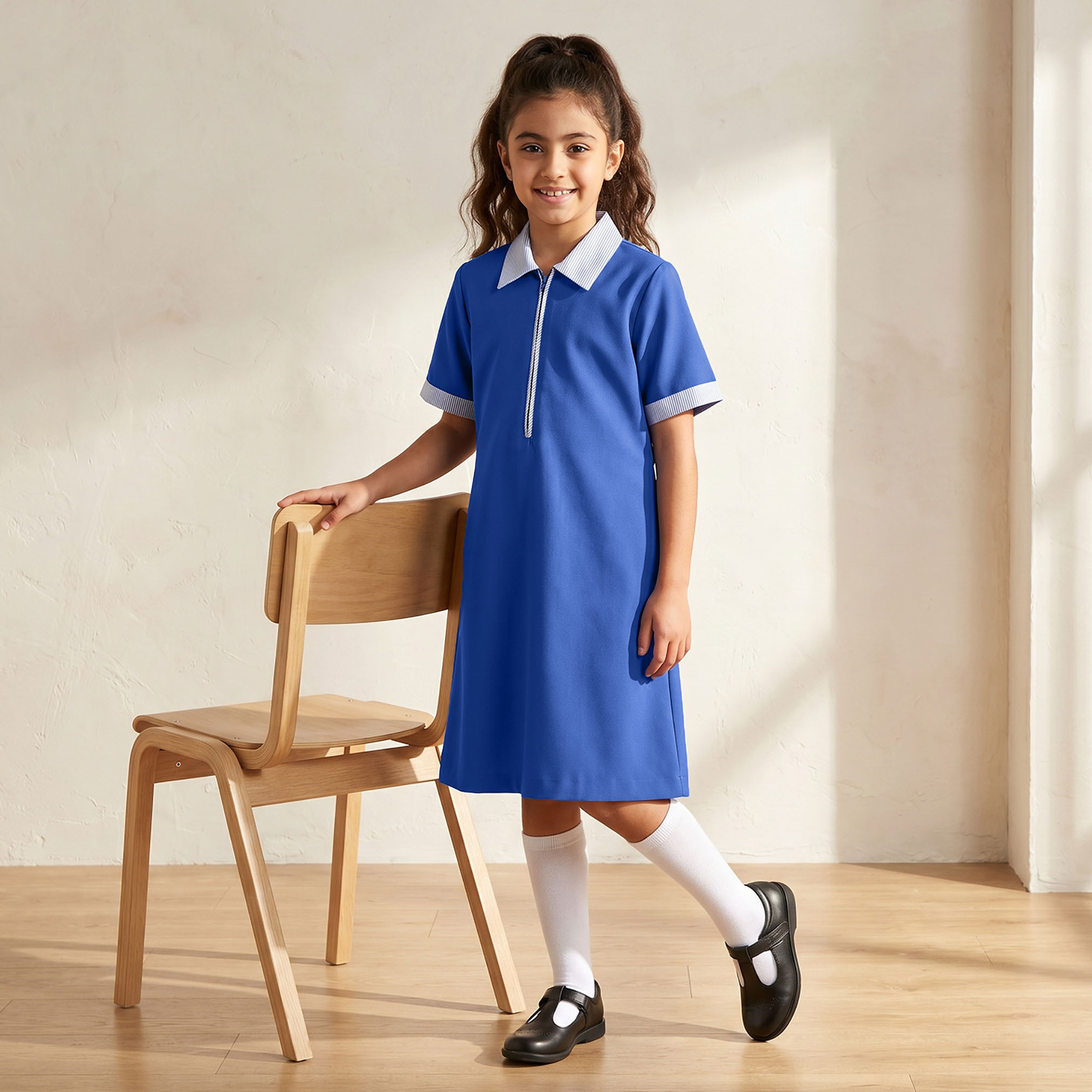 Juniors Blue A-line Dress with Collar - Girls-girls-clothing-schoolwear-dresses-image-4