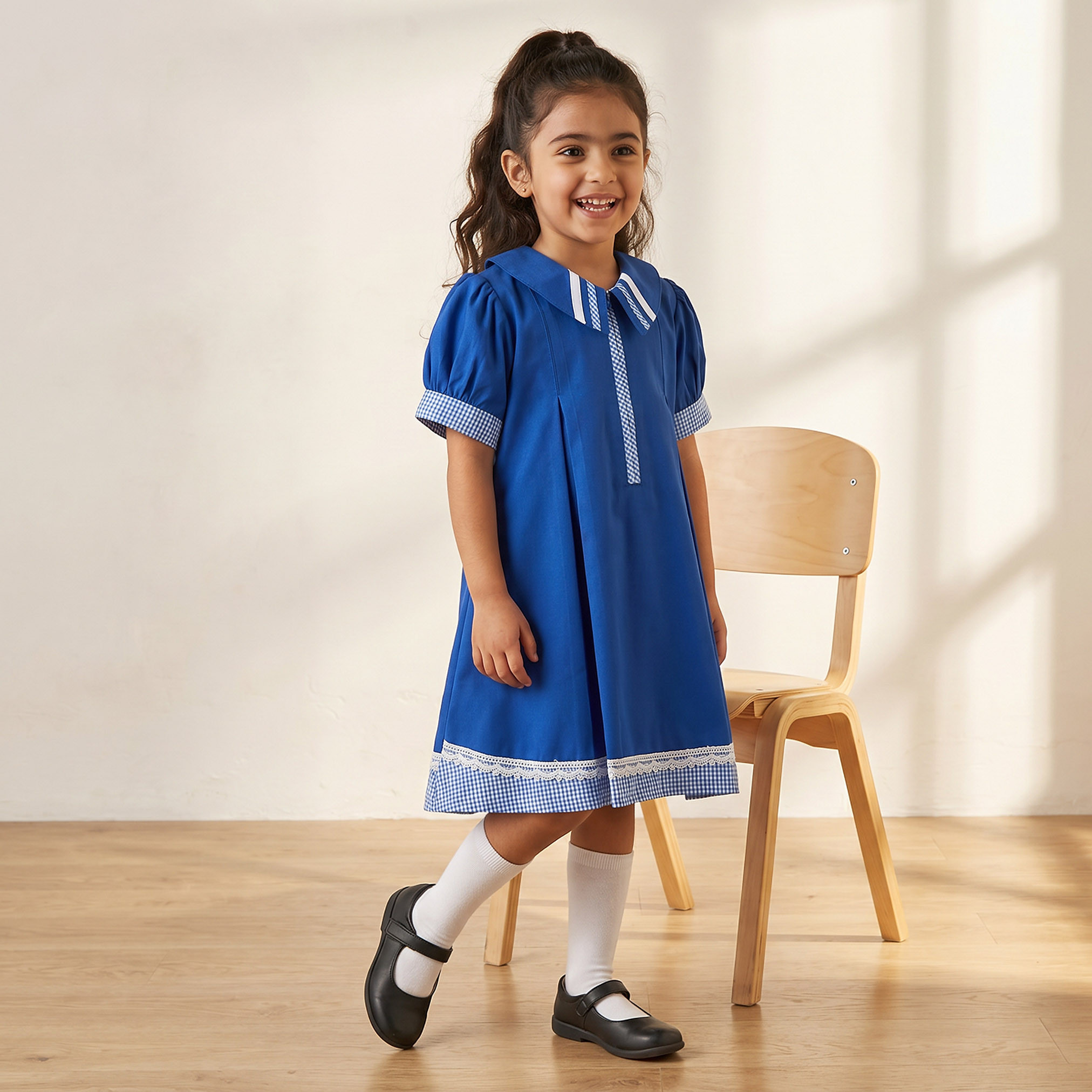 Juniors Checked School Dress with Peter Pan Collar - Girls-girls-clothing-schoolwear-dresses-image-1