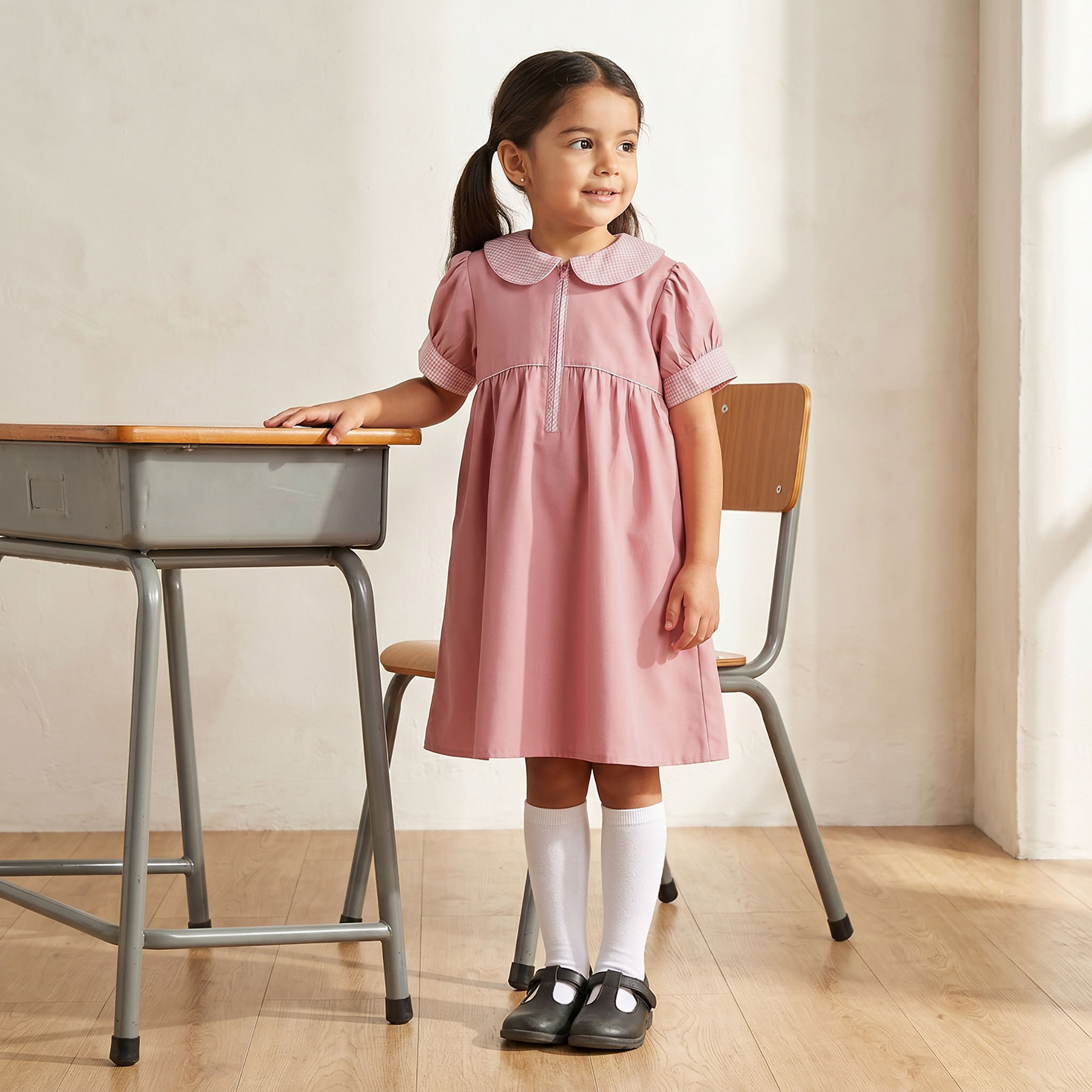 Juniors Pink School Dress with Peter Pan Collar - Girls-girls-clothing-schoolwear-dresses-image-1