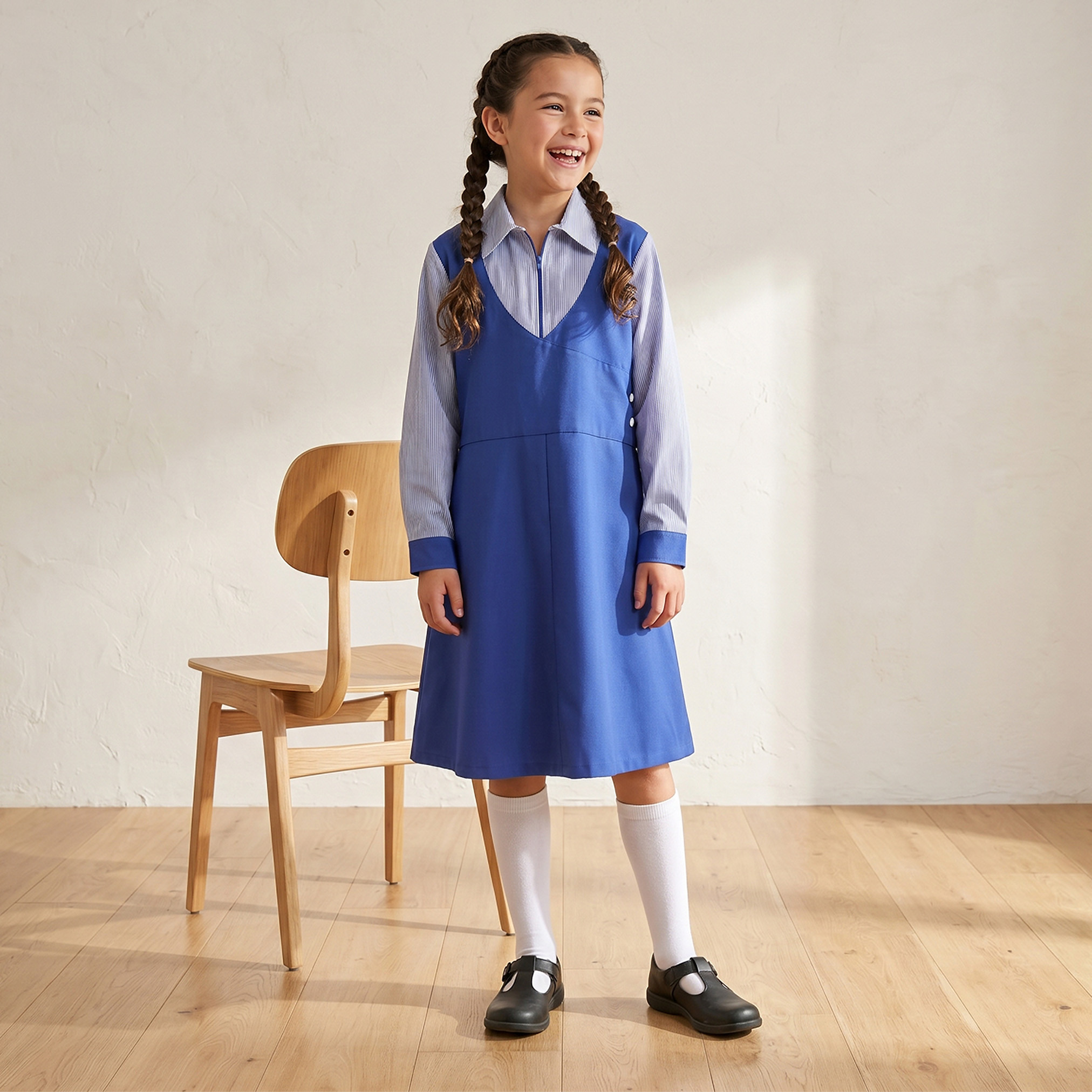 Juniors Blue School Dress with Long Sleeves - Girls-girls-clothing-schoolwear-dresses-image-1