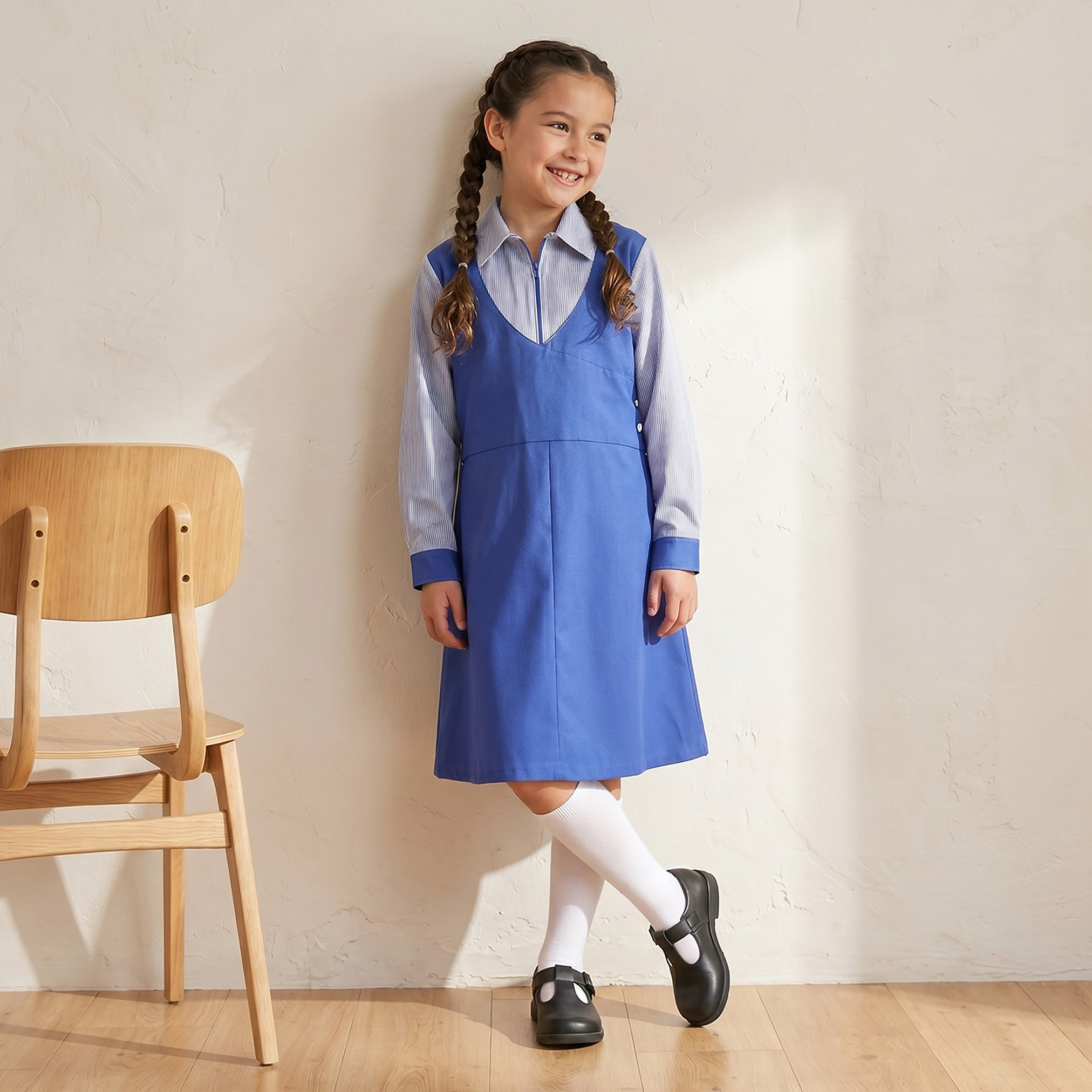 Juniors Blue School Dress with Long Sleeves - Girls-girls-clothing-schoolwear-dresses-image-4