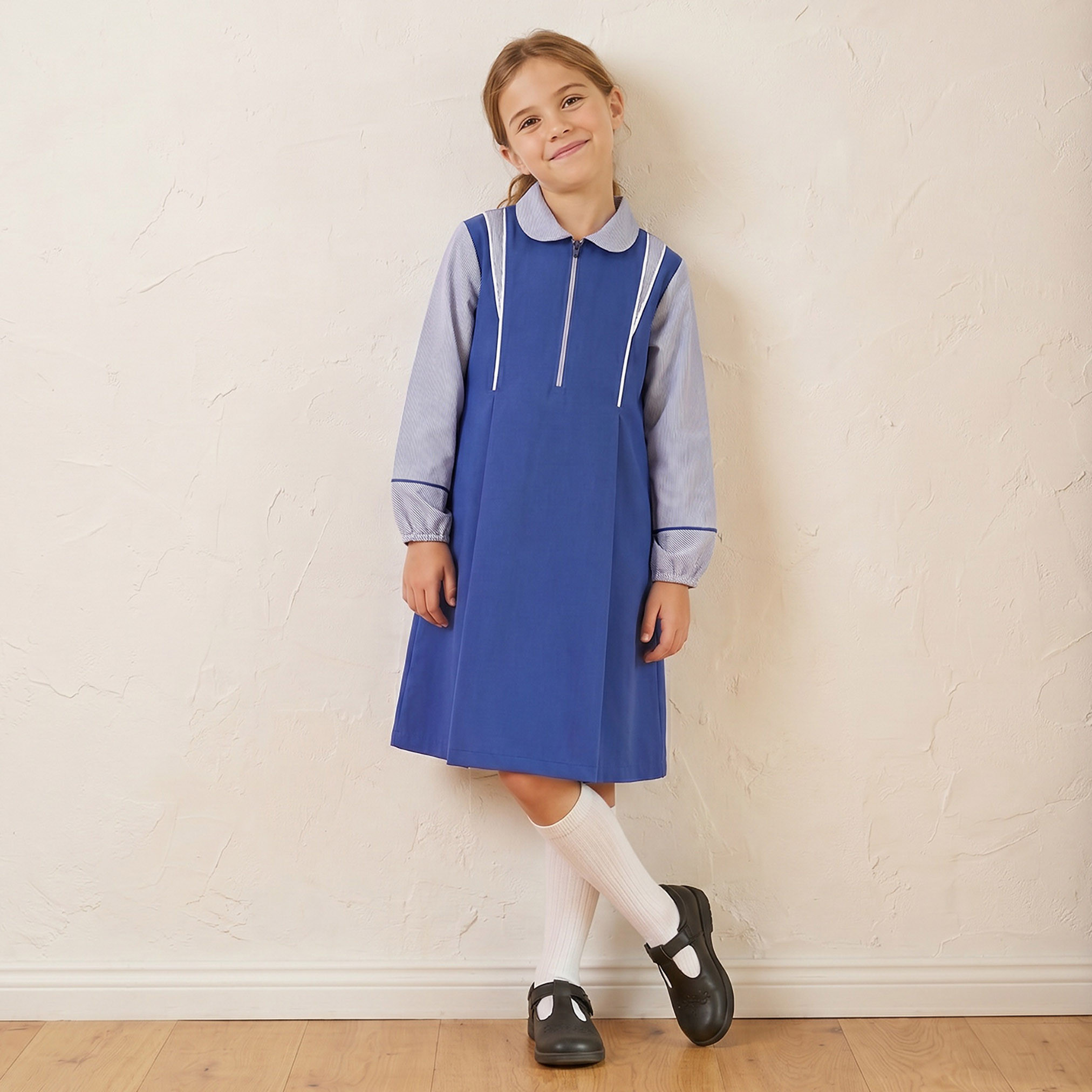 Juniors Blue A-line Dress with Collar - Girls-girls-clothing-schoolwear-dresses-image-1