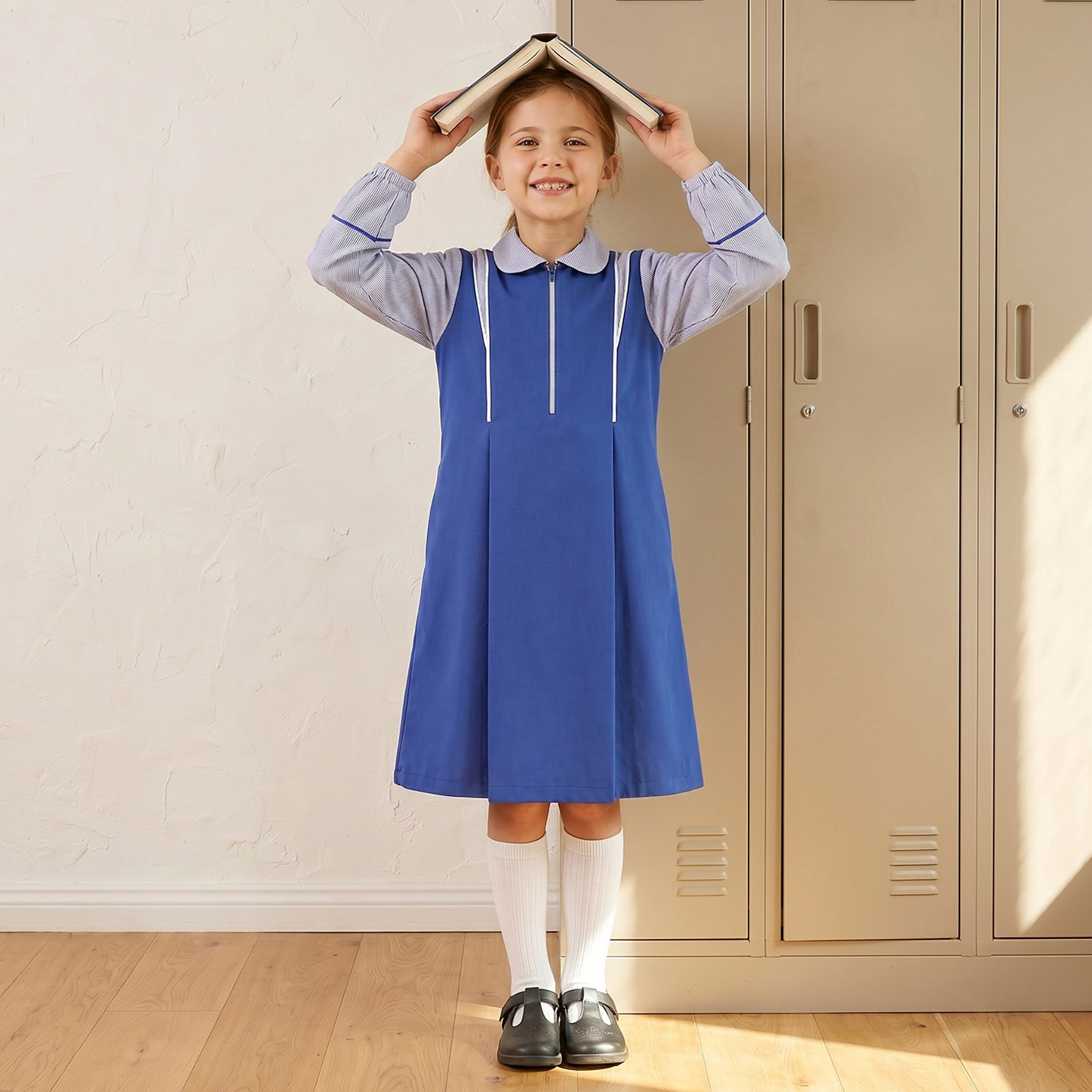 Juniors Blue A-line Dress with Collar - Girls-girls-clothing-schoolwear-dresses-image-4
