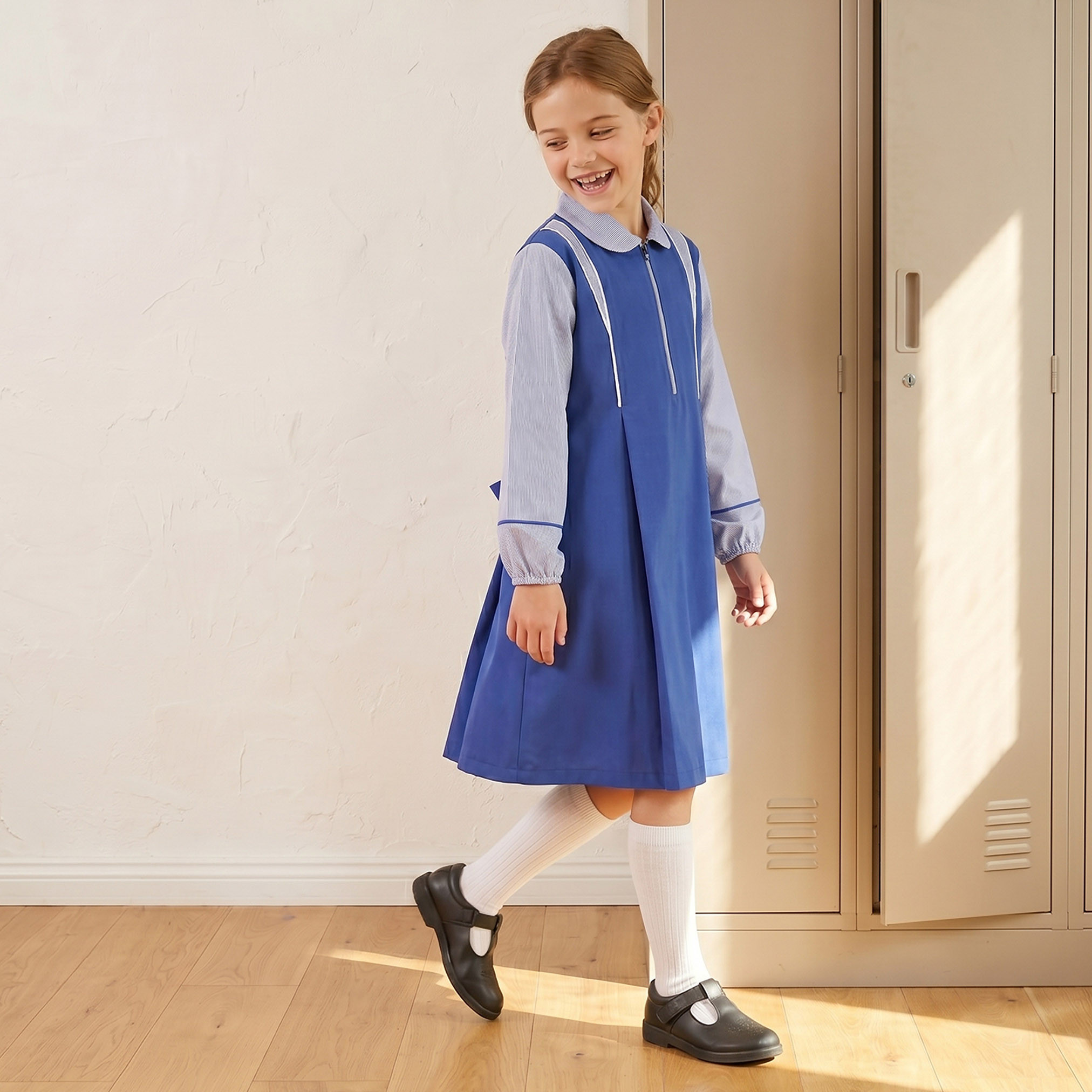 Juniors Blue A-line Dress with Collar - Girls-girls-clothing-schoolwear-dresses-image-6